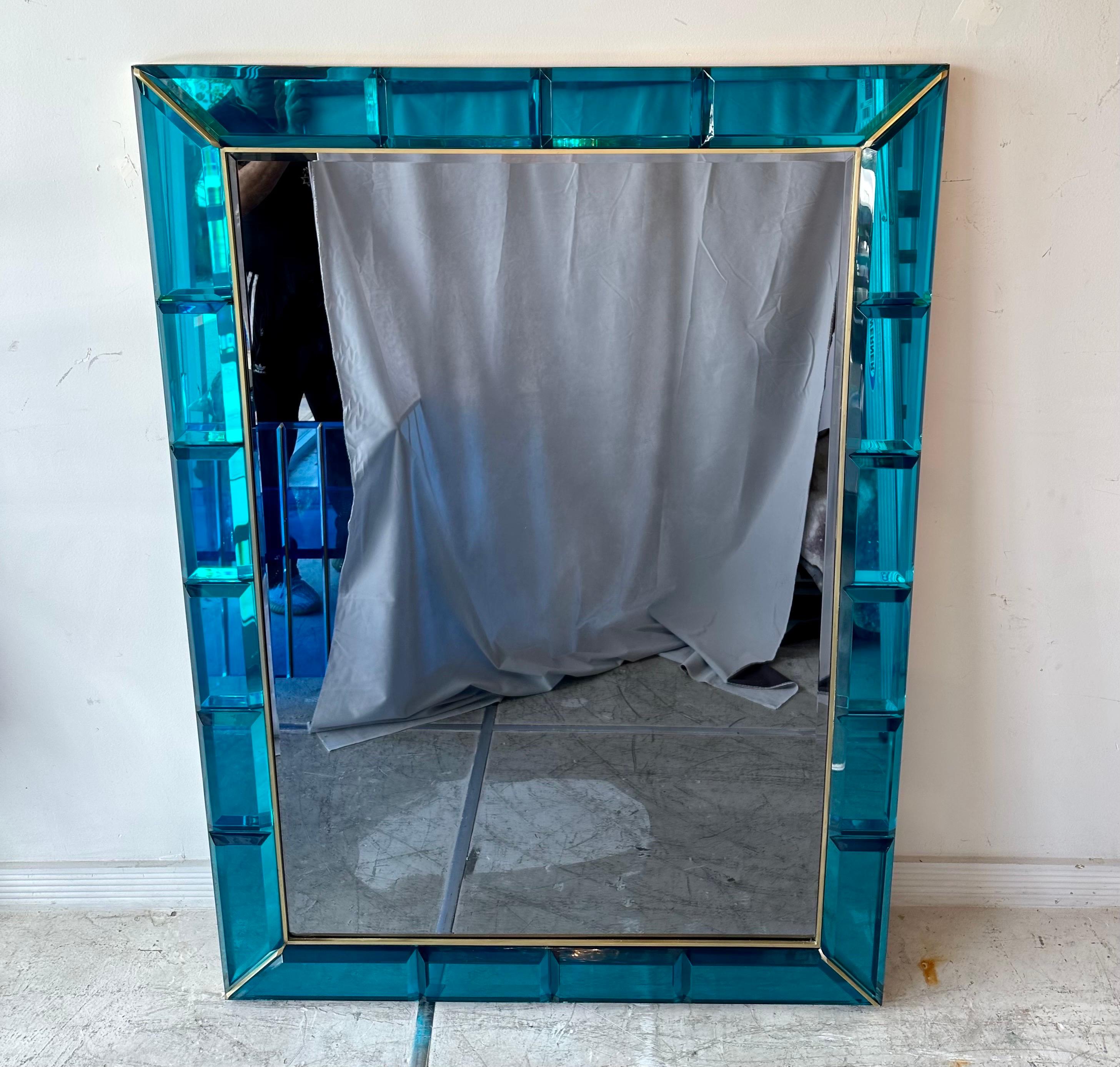 Hand-Crafted Large Italian Handcrafted Aqua Blue Gem Cut Mirror with Brass Trim For Sale