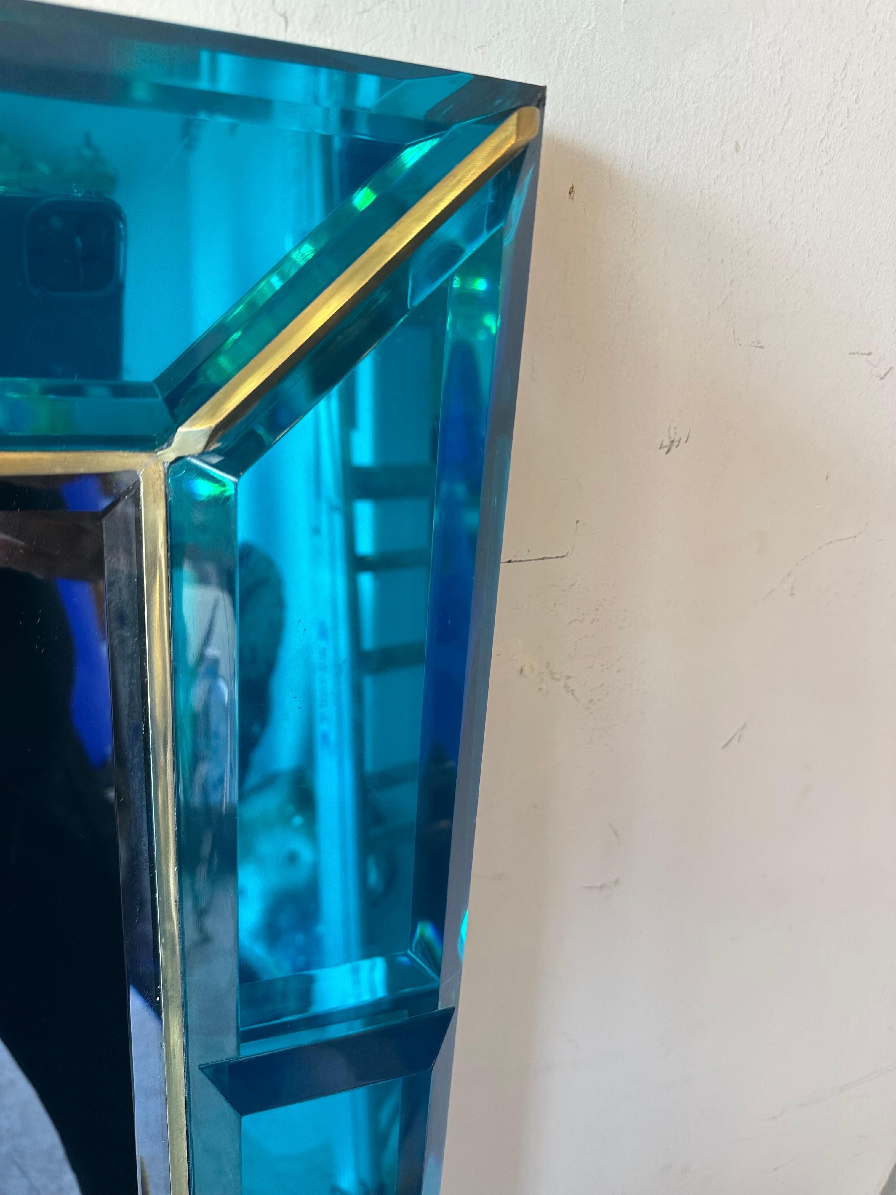 Hand-Crafted Large Italian Handcrafted Aqua Blue Gem Cut Mirror with Brass Trim