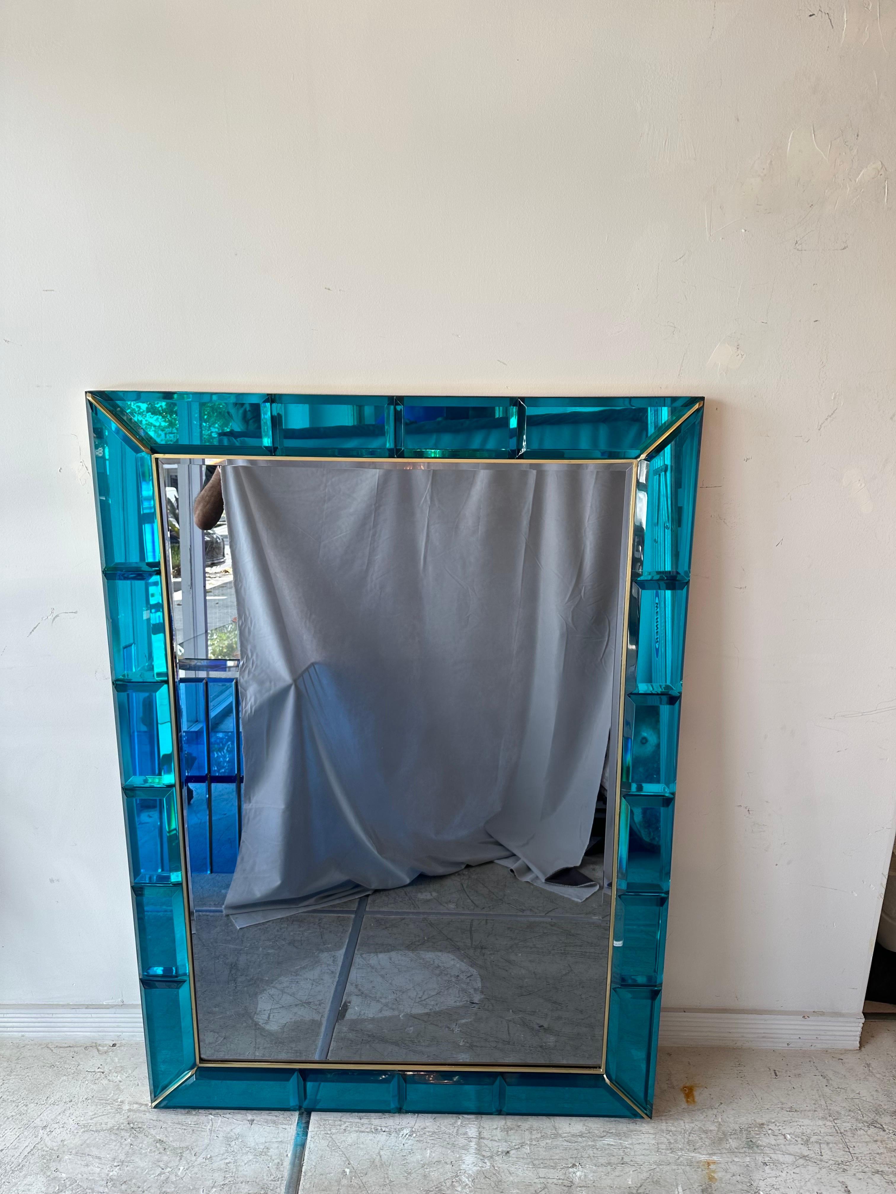 Lucite Large Italian Handcrafted Aqua Blue Gem Cut Mirror with Brass Trim For Sale