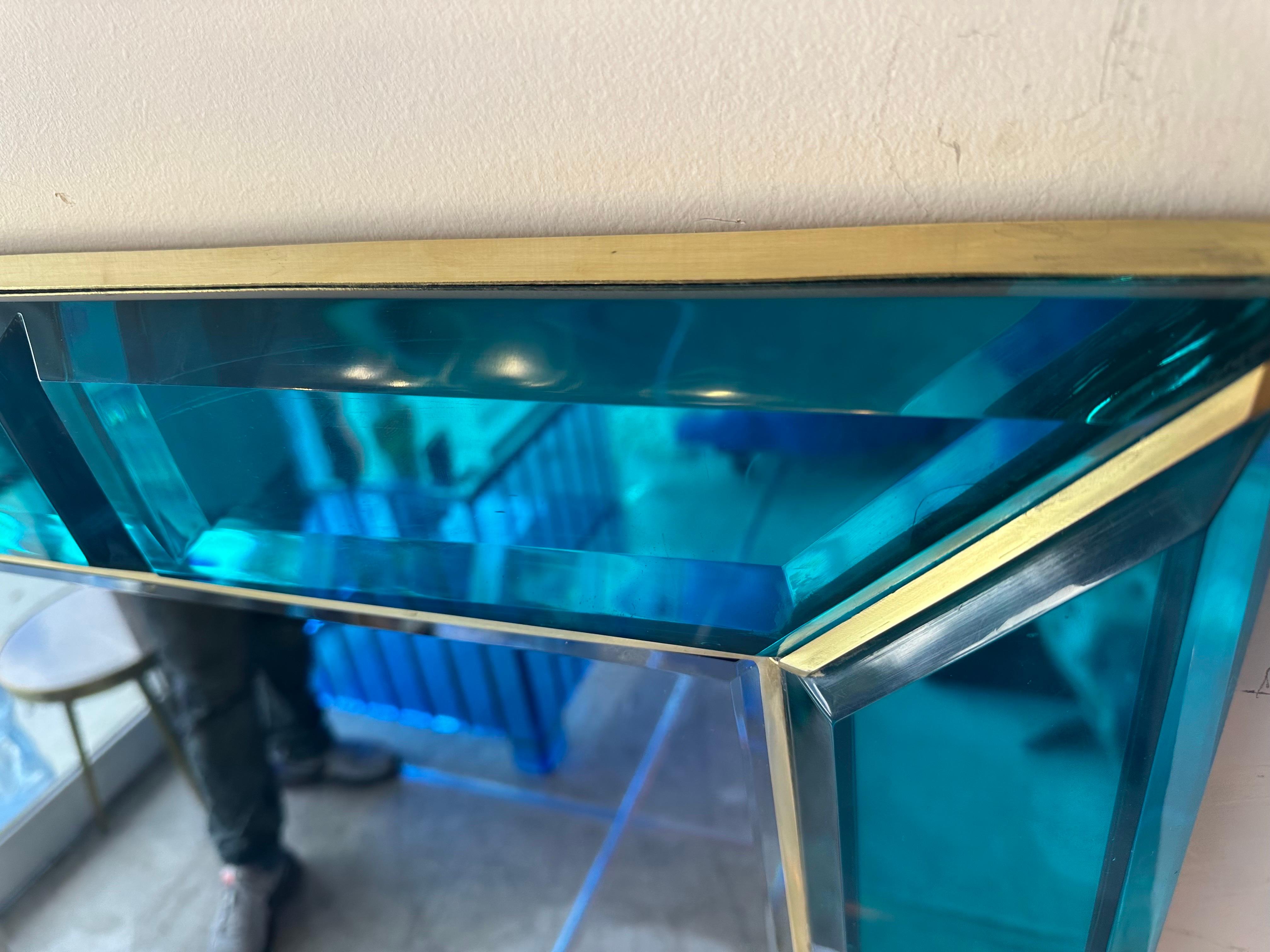 Large Italian Handcrafted Aqua Blue Gem Cut Mirror with Brass Trim For Sale 1