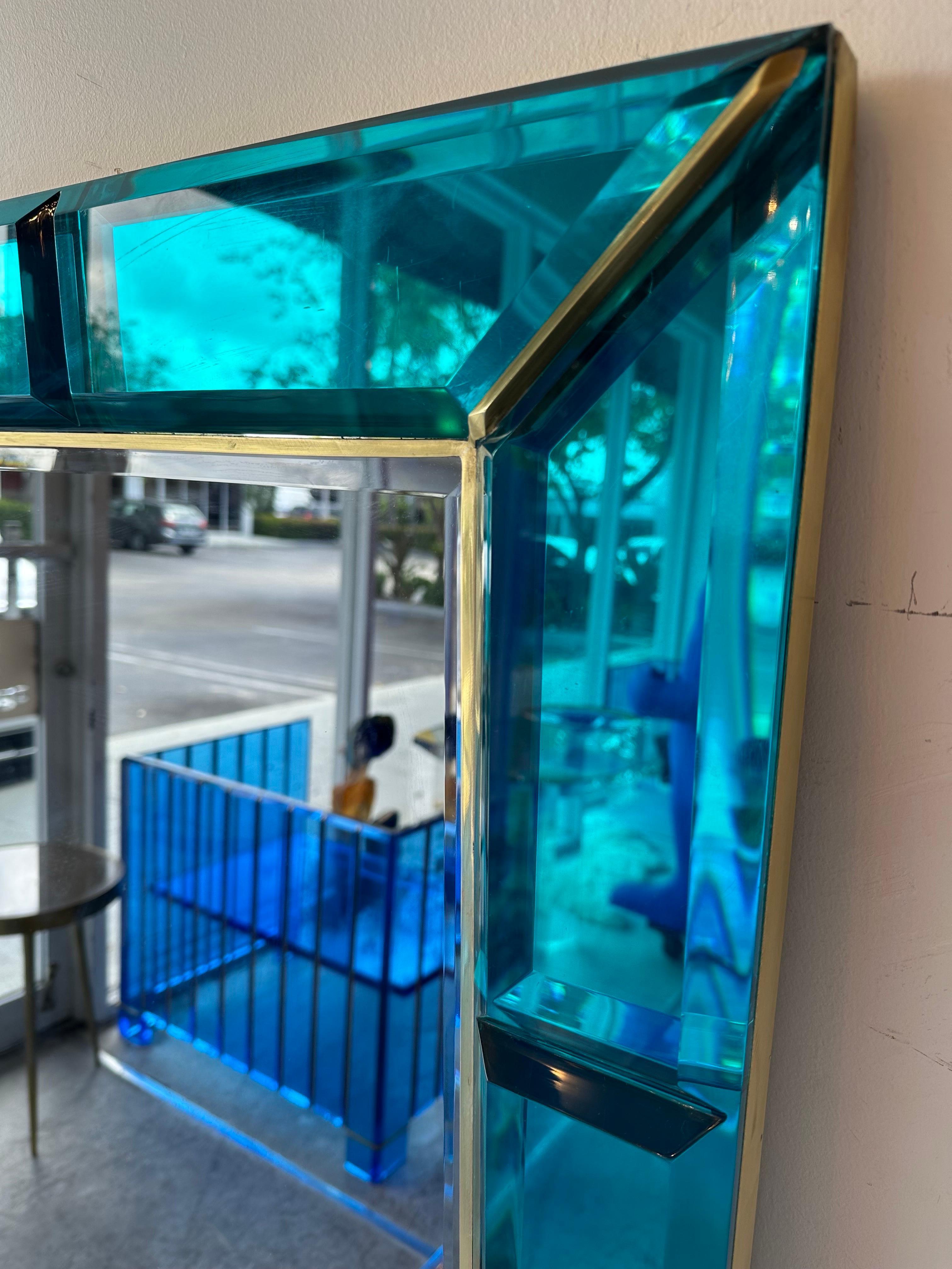 Large Italian Handcrafted Aqua Blue Gem Cut Mirror with Brass Trim For Sale 2