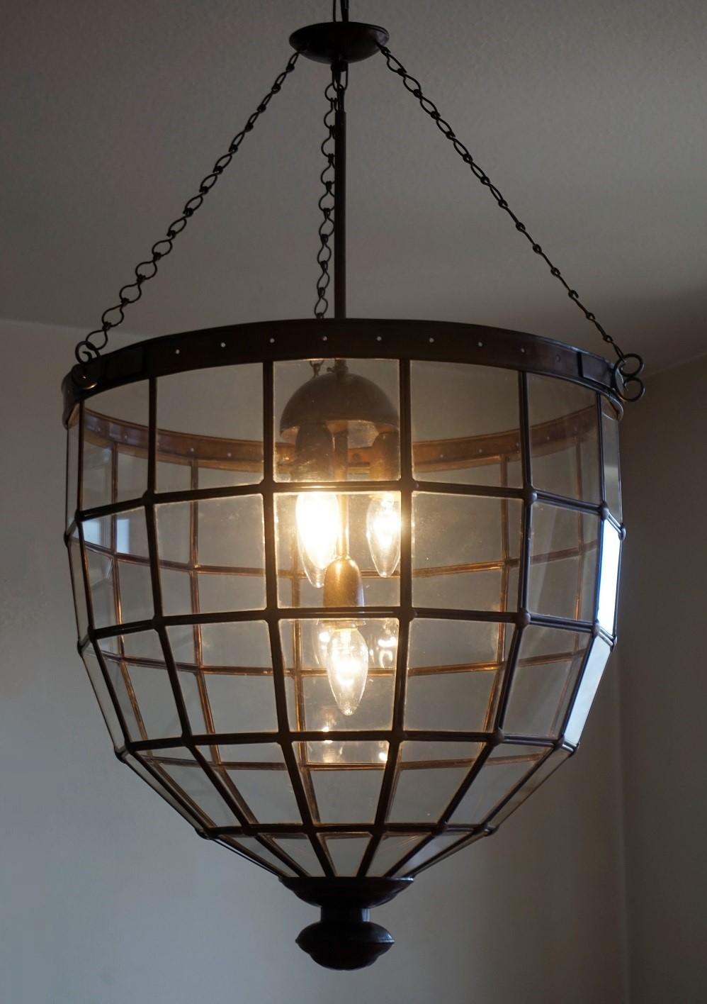 Large Italian Handcrafted Copper and Leaded Glass Four-Light Lantern, 1930s 4
