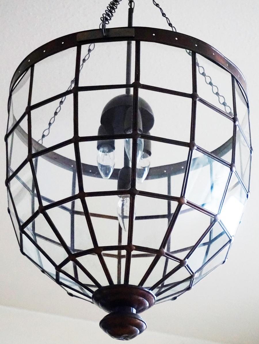 Large Italian Handcrafted Copper and Leaded Glass Four-Light Lantern, 1930s 5