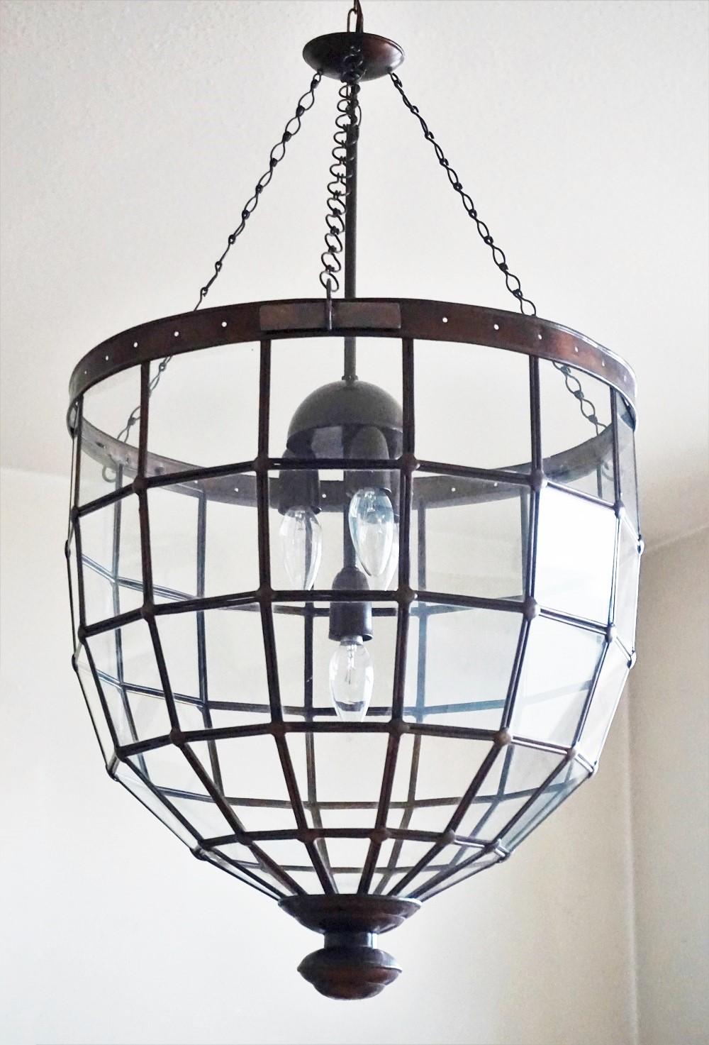Art Deco Large Italian Handcrafted Copper and Leaded Glass Four-Light Lantern, 1930s