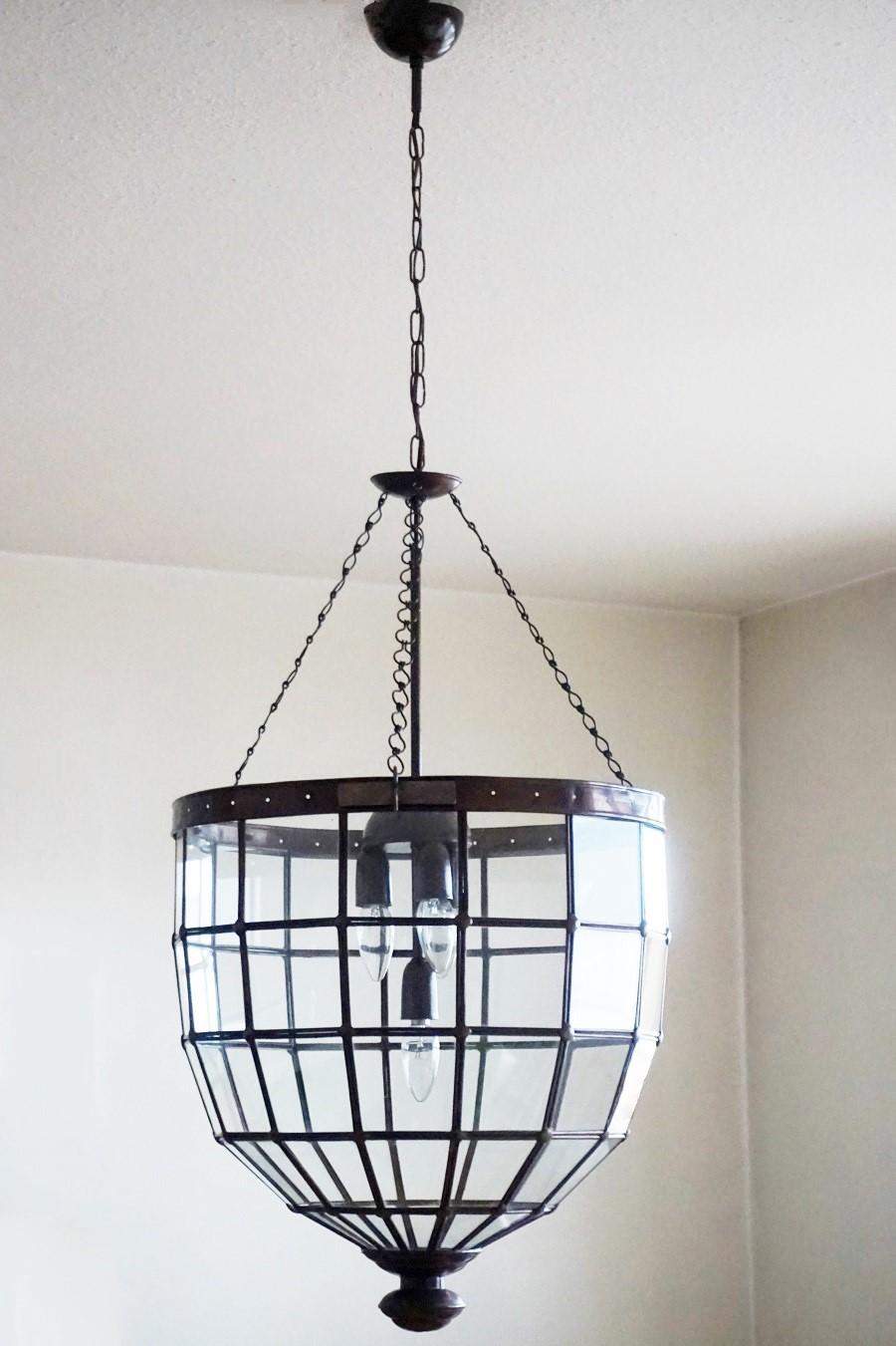 Large Italian Handcrafted Copper and Leaded Glass Four-Light Lantern, 1930s In Good Condition In Frankfurt am Main, DE