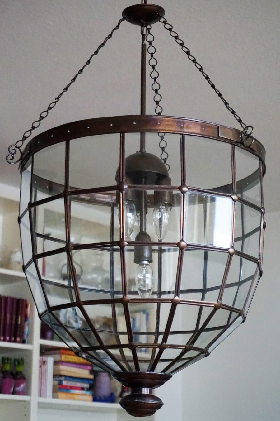 20th Century Large Italian Handcrafted Copper and Leaded Glass Four-Light Lantern, 1930s