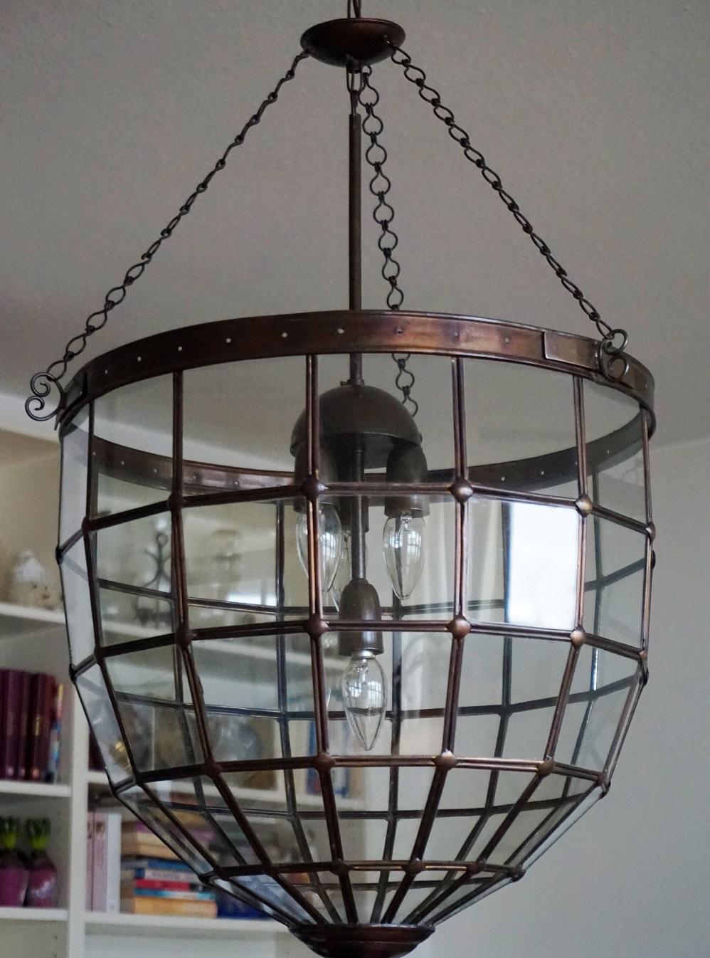 Brass Large Italian Handcrafted Copper and Leaded Glass Four-Light Lantern, 1930s