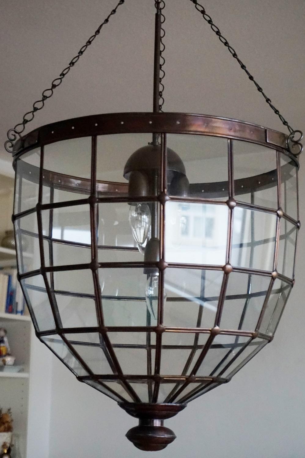 Large Italian Handcrafted Copper and Leaded Glass Four-Light Lantern, 1930s 1