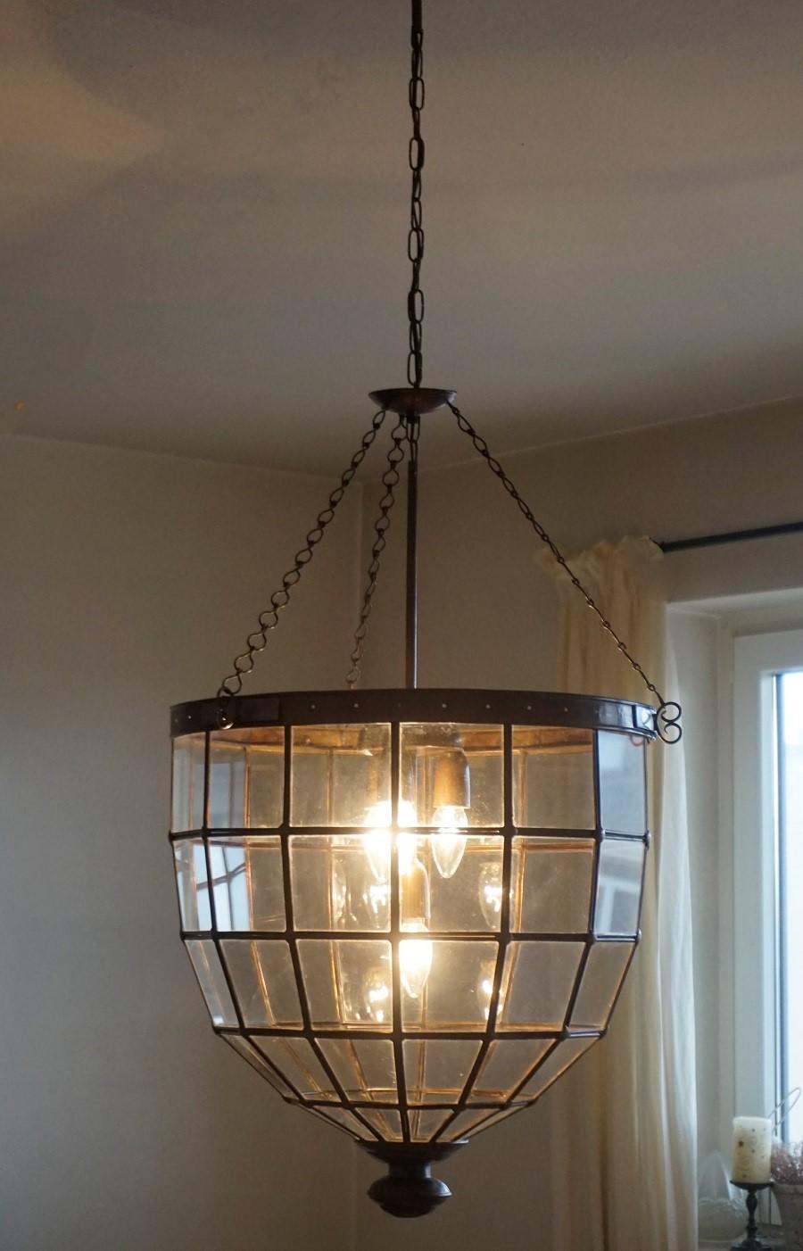 Large Italian Handcrafted Copper and Leaded Glass Four-Light Lantern, 1930s 2
