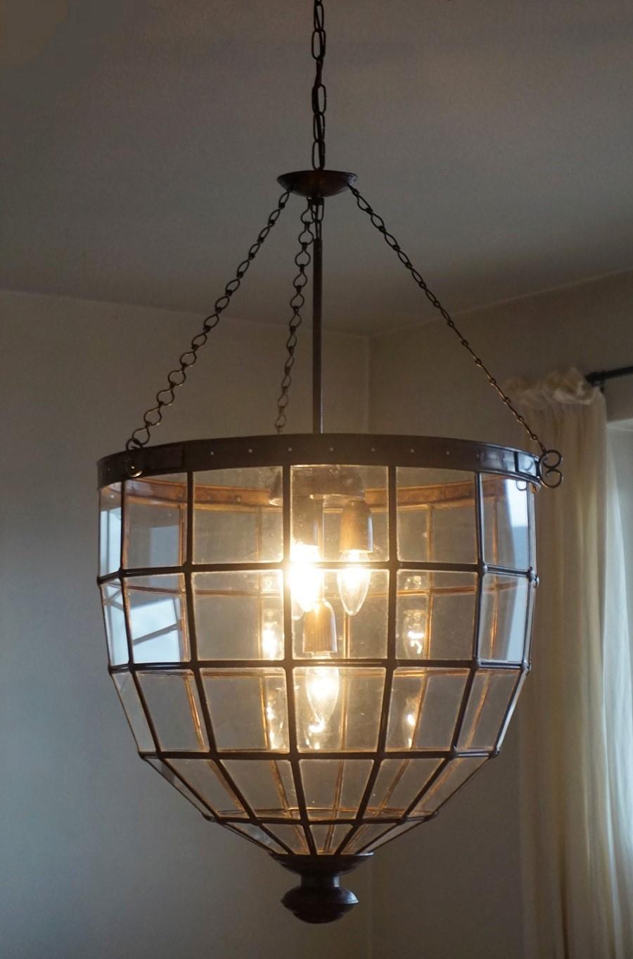 Large Italian Handcrafted Copper and Leaded Glass Four-Light Lantern, 1930s 3