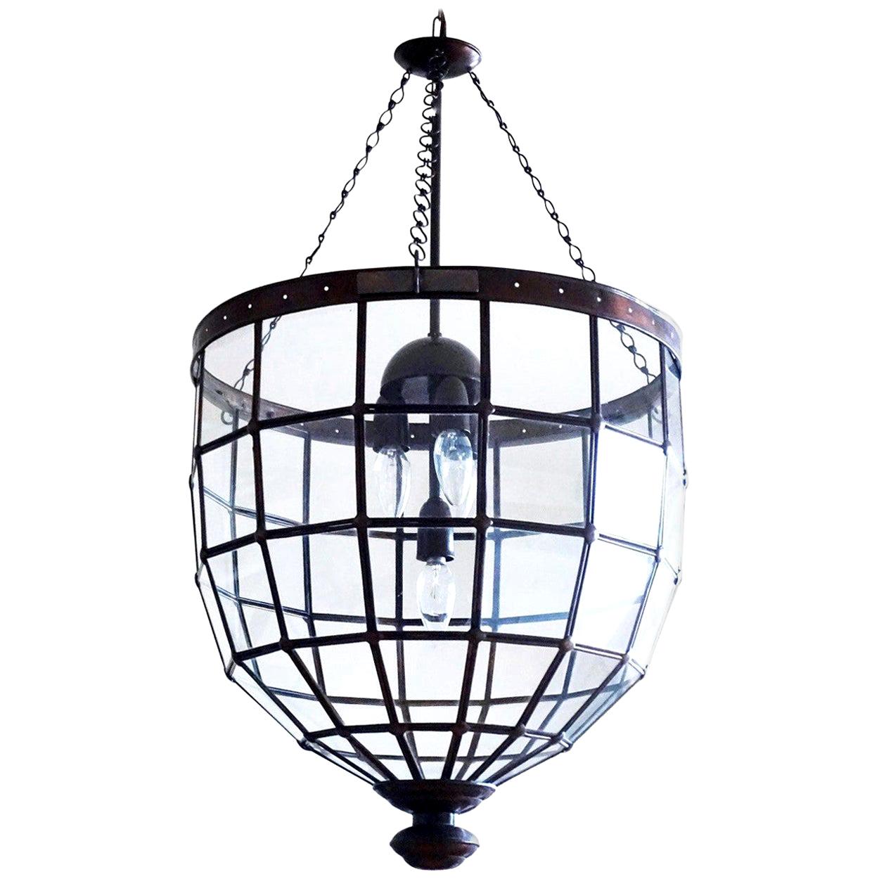 Large Italian Handcrafted Copper and Leaded Glass Four-Light Lantern, 1930s