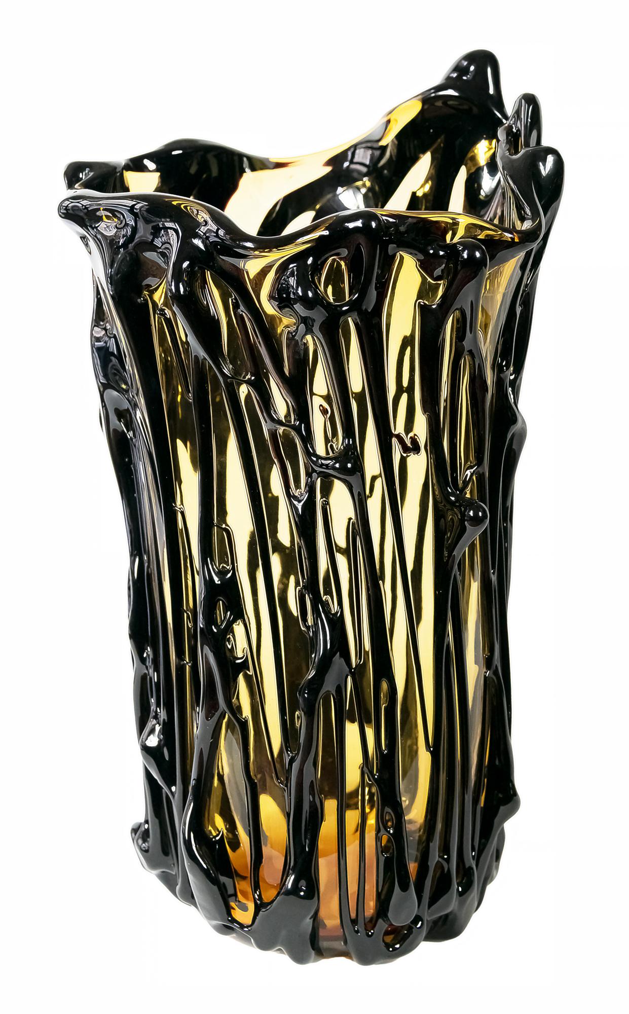 Large Italian Murano glass vase is handmade by E. Camozzo and created in asymmetric shape in two colors - ambra and black.
The vase is very heavy and solid.
Weight is 12,7 kg.
Signed on the base E. Camozzo.
 