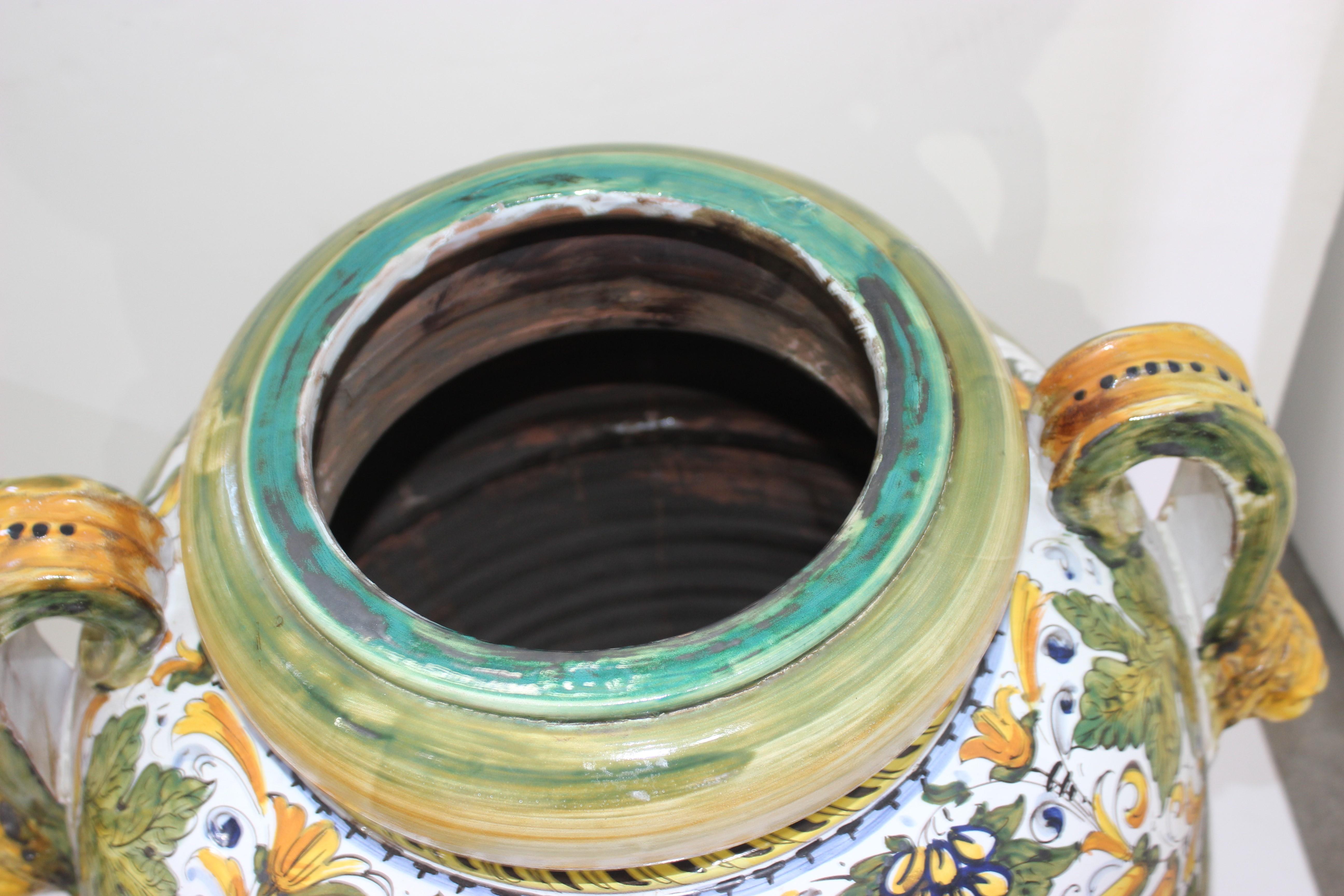 Large vintage glazed hand painted terracotta Italian wine Urn for 
