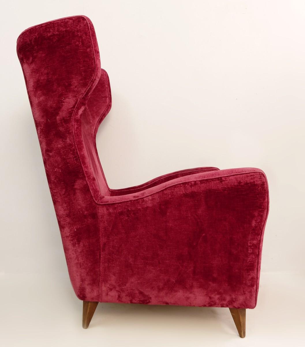 Large Italian high back red velvet armchair, 1950s.