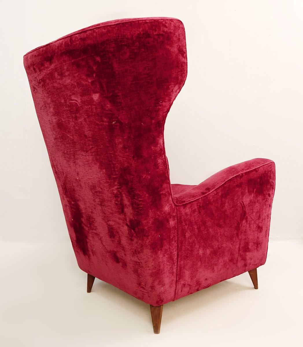 Mid-Century Modern Large Italian High Back Red Velvet Armchair, 1950s