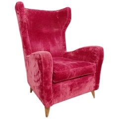 Large Italian High Back Red Velvet Armchair, 1950s