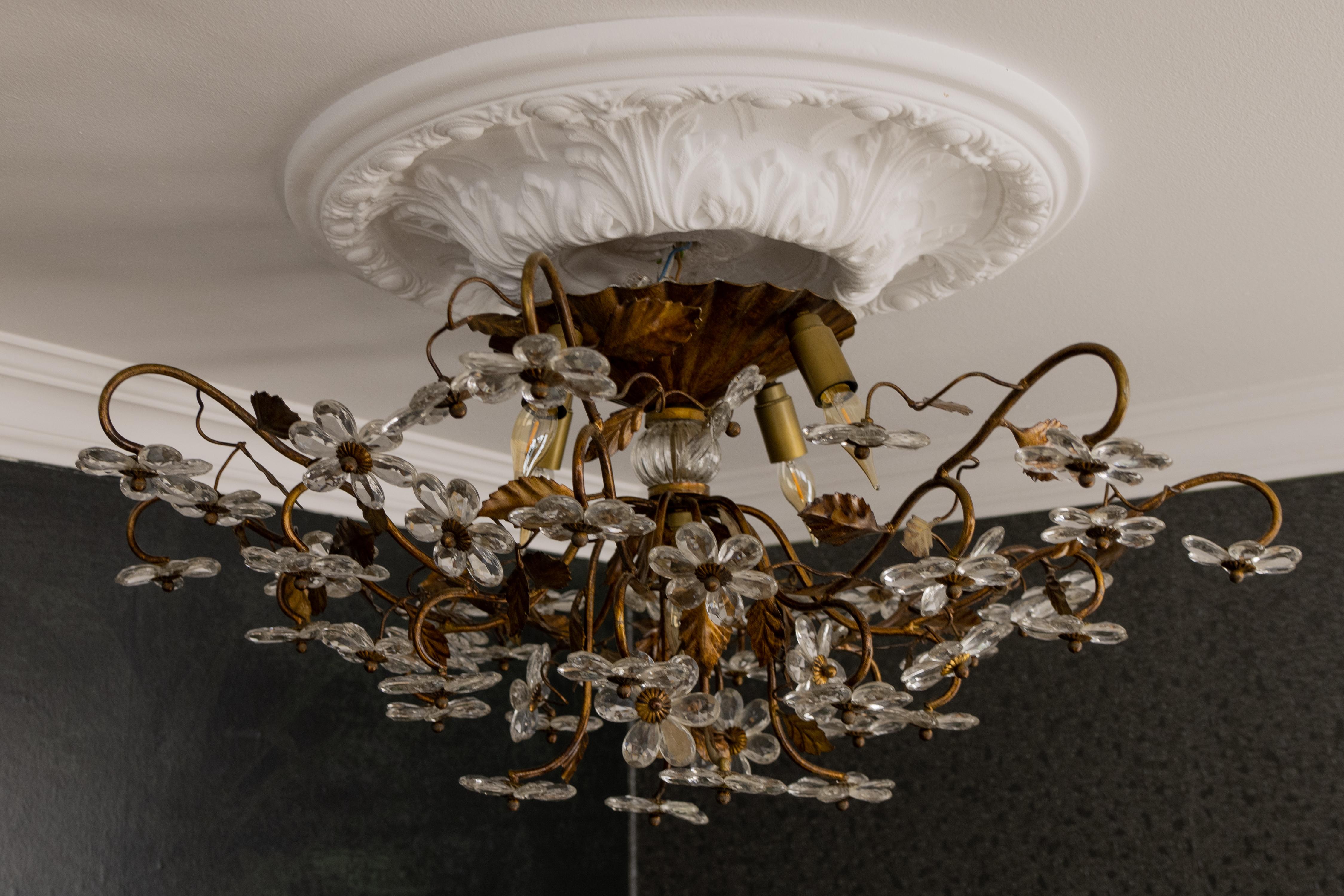 Large Italian Hollywood Regency Crystal Glass Flower Ceiling Light, 1950s For Sale 5