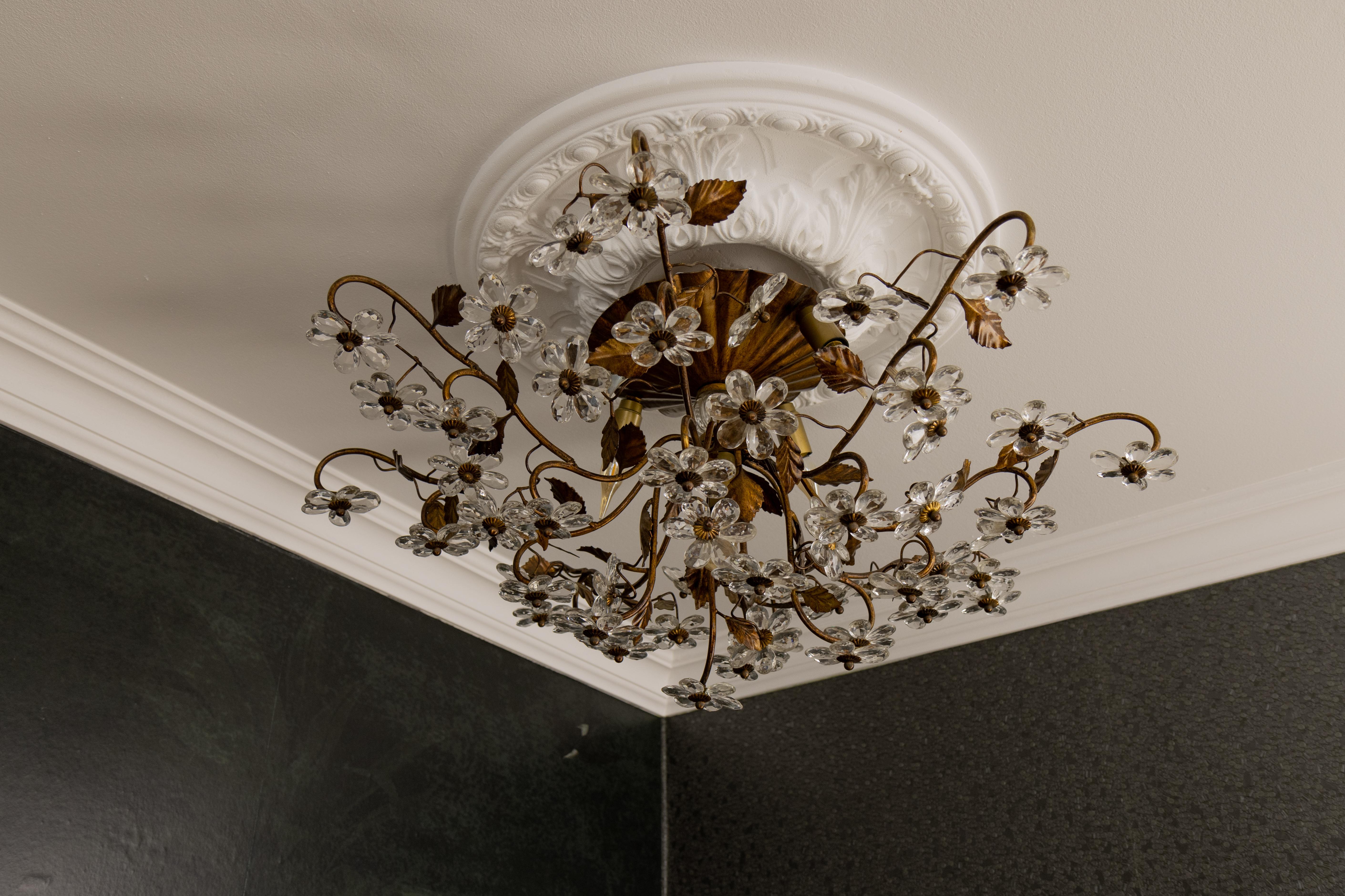 Large Italian Hollywood Regency Crystal Glass Flower Ceiling Light, 1950s For Sale 6
