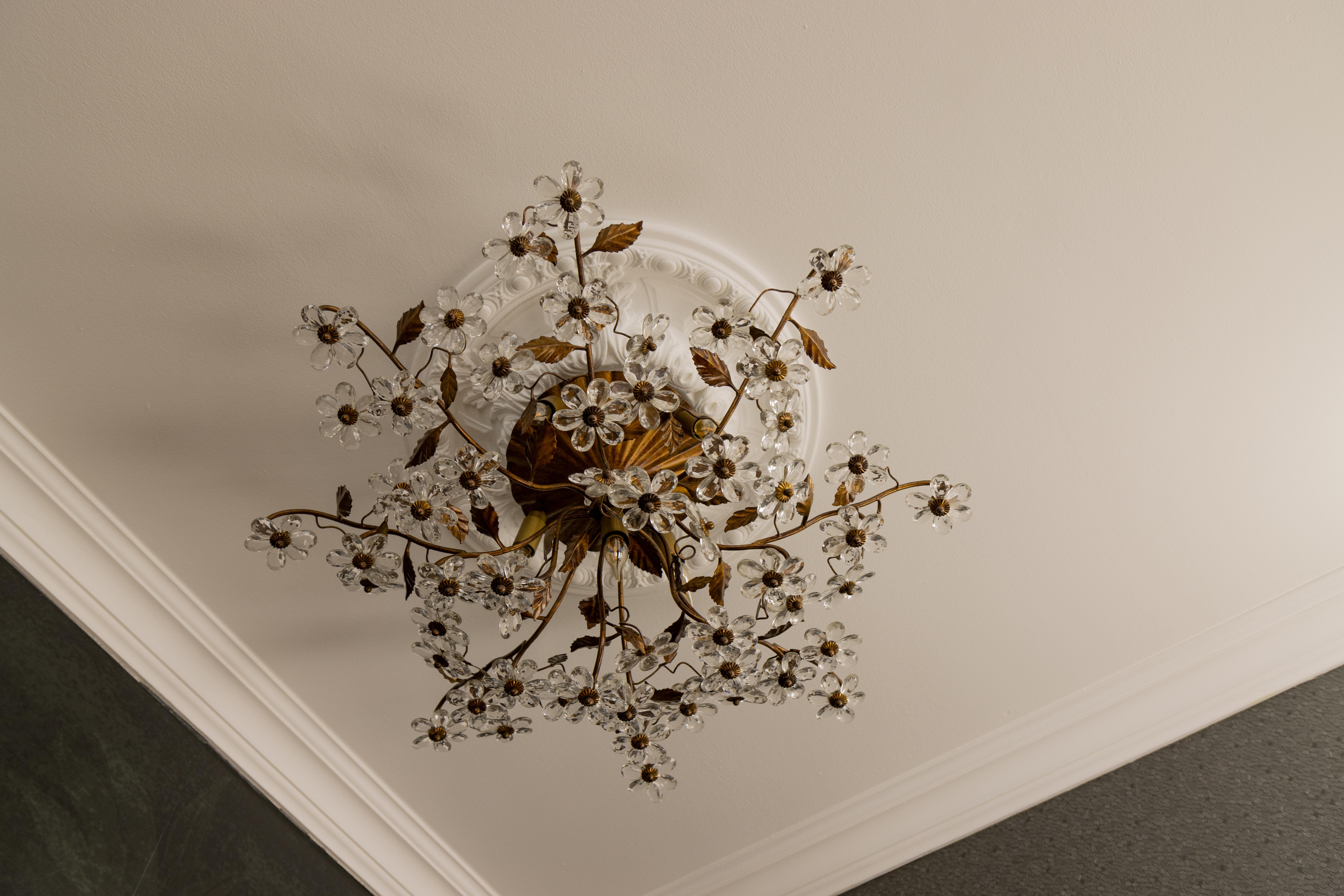 Large Italian Hollywood Regency Crystal Glass Flower Ceiling Light, 1950s For Sale 7