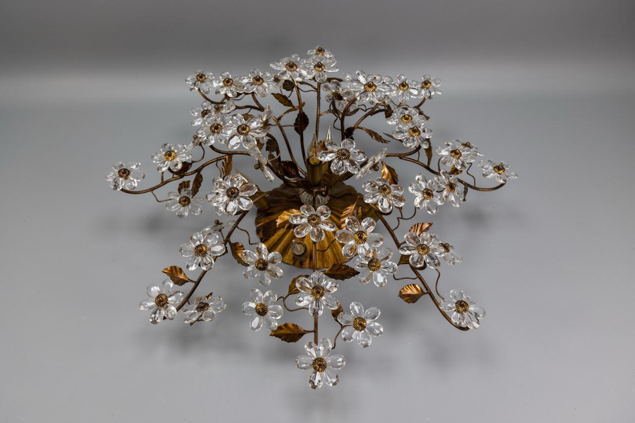 Large Italian Hollywood Regency Crystal Glass Flower Ceiling Light, 1950s For Sale 8