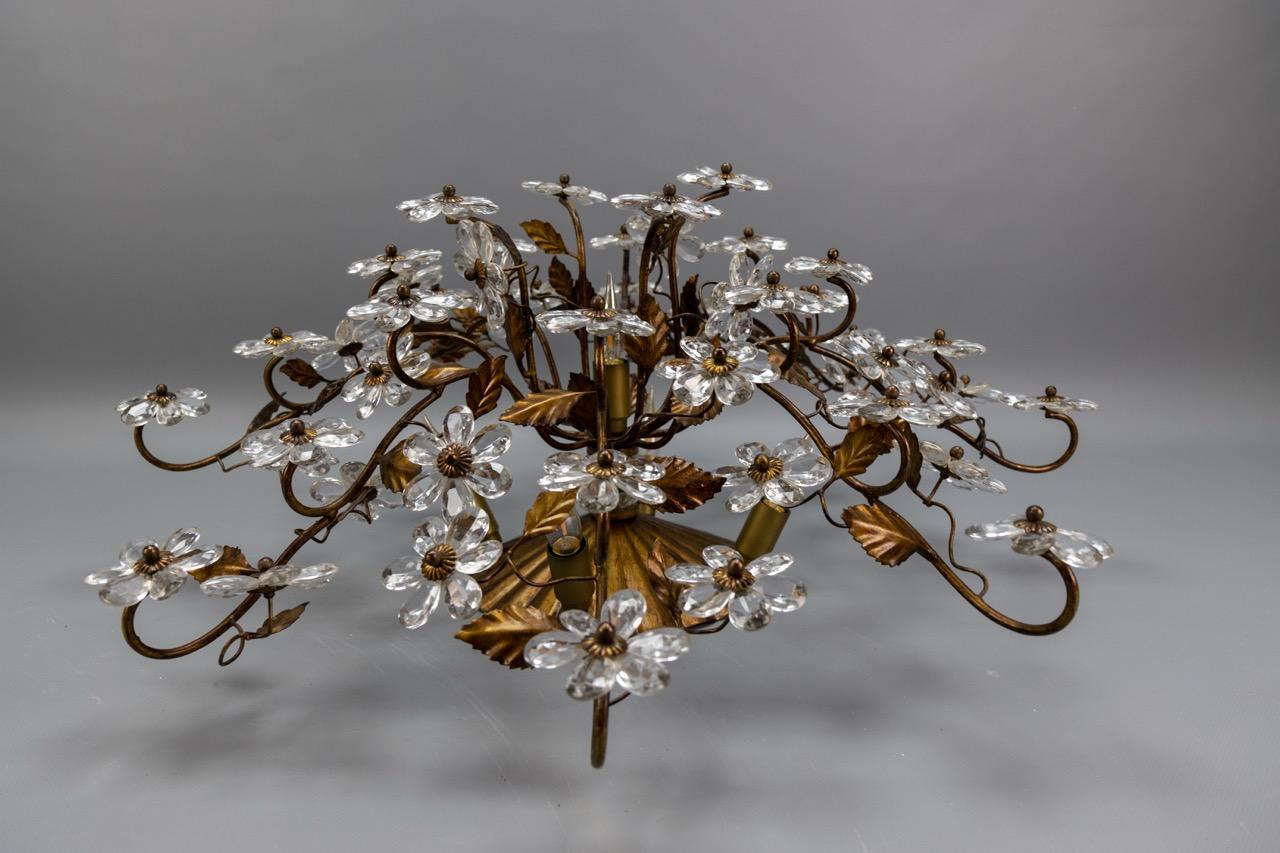 Large Italian Hollywood Regency Crystal Glass Flower Ceiling Light, 1950s For Sale 9