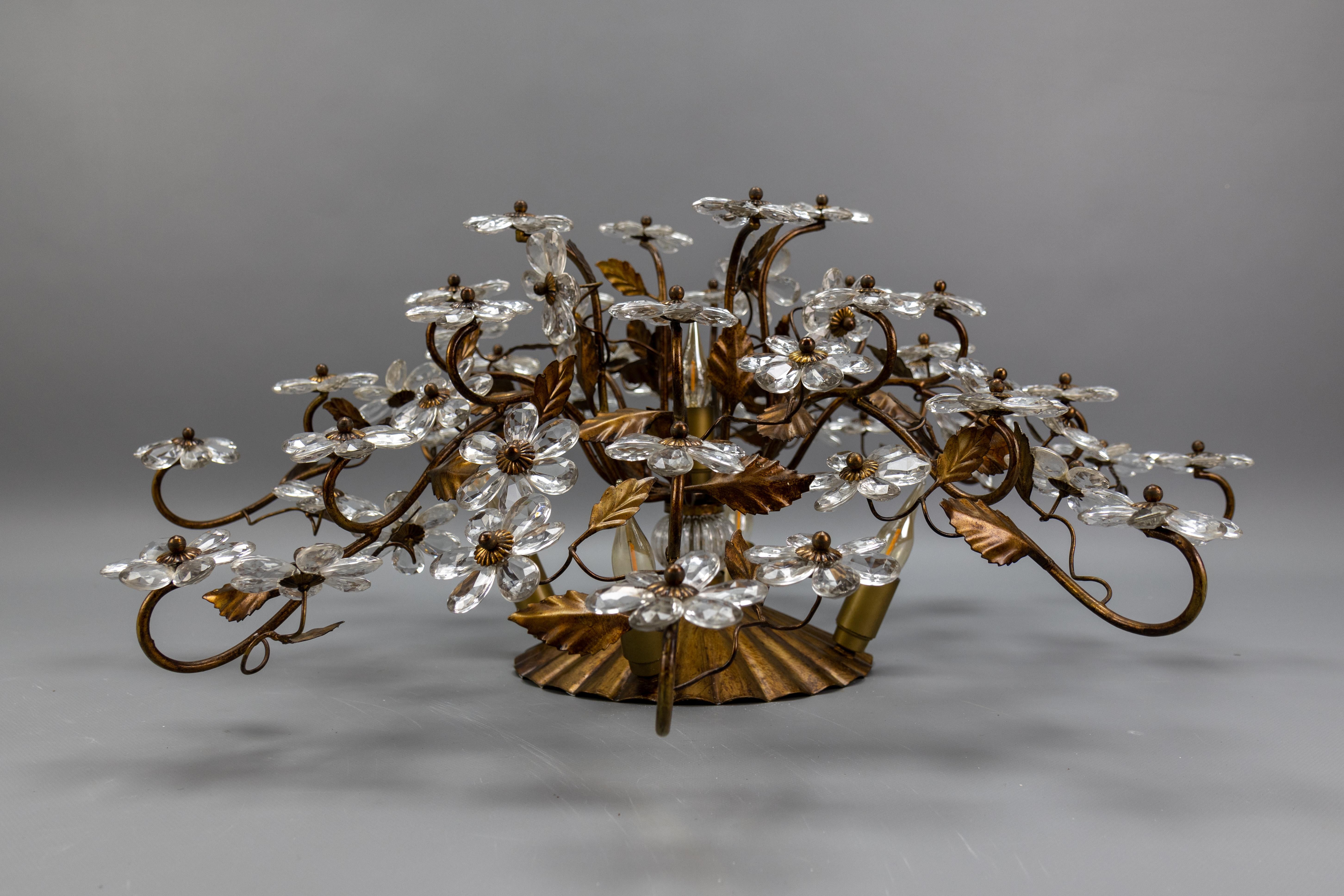 Large Italian Hollywood Regency Crystal Glass Flower Ceiling Light, 1950s For Sale 12