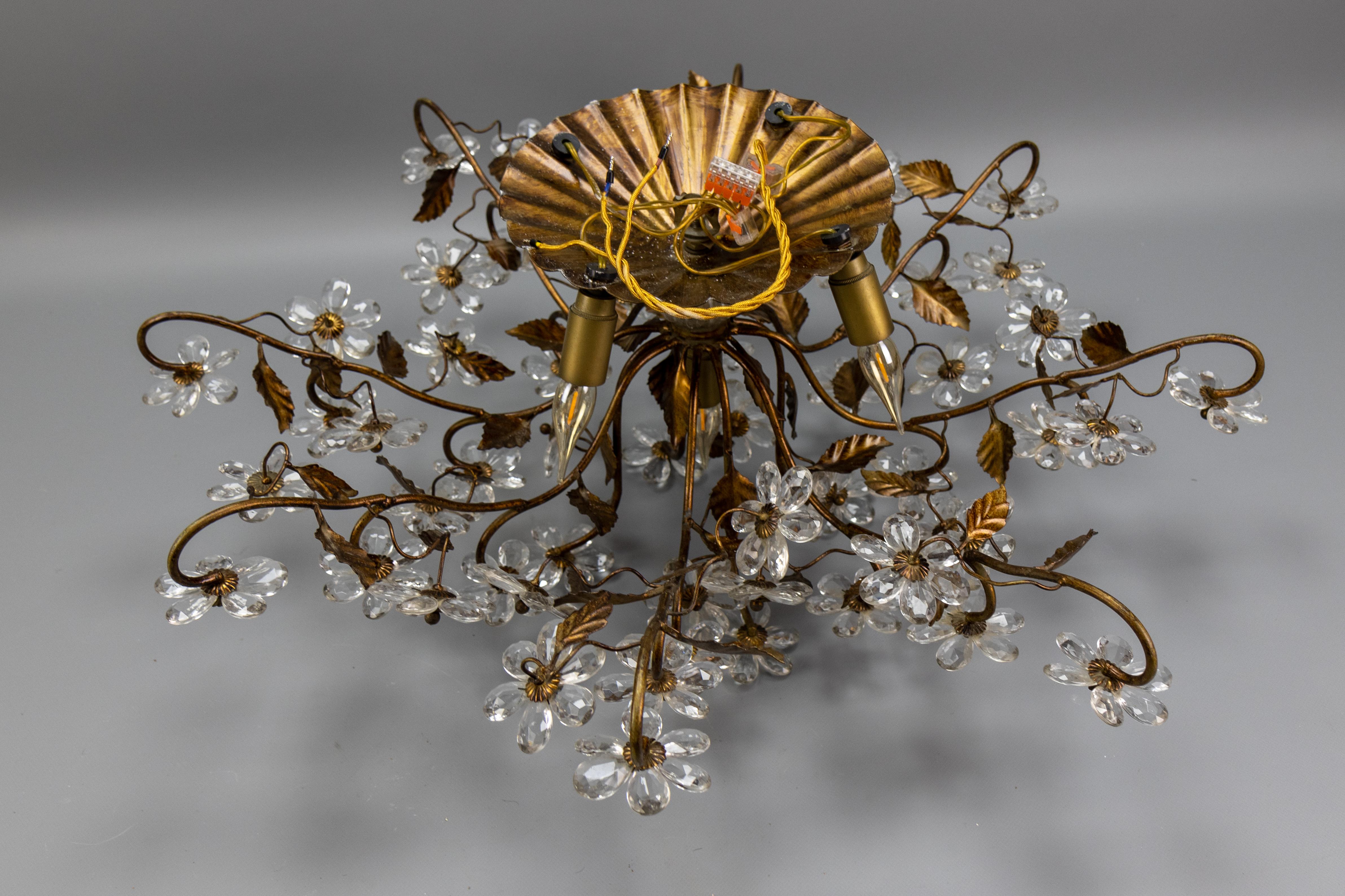 Large Italian Hollywood Regency Crystal Glass Flower Ceiling Light, 1950s For Sale 15