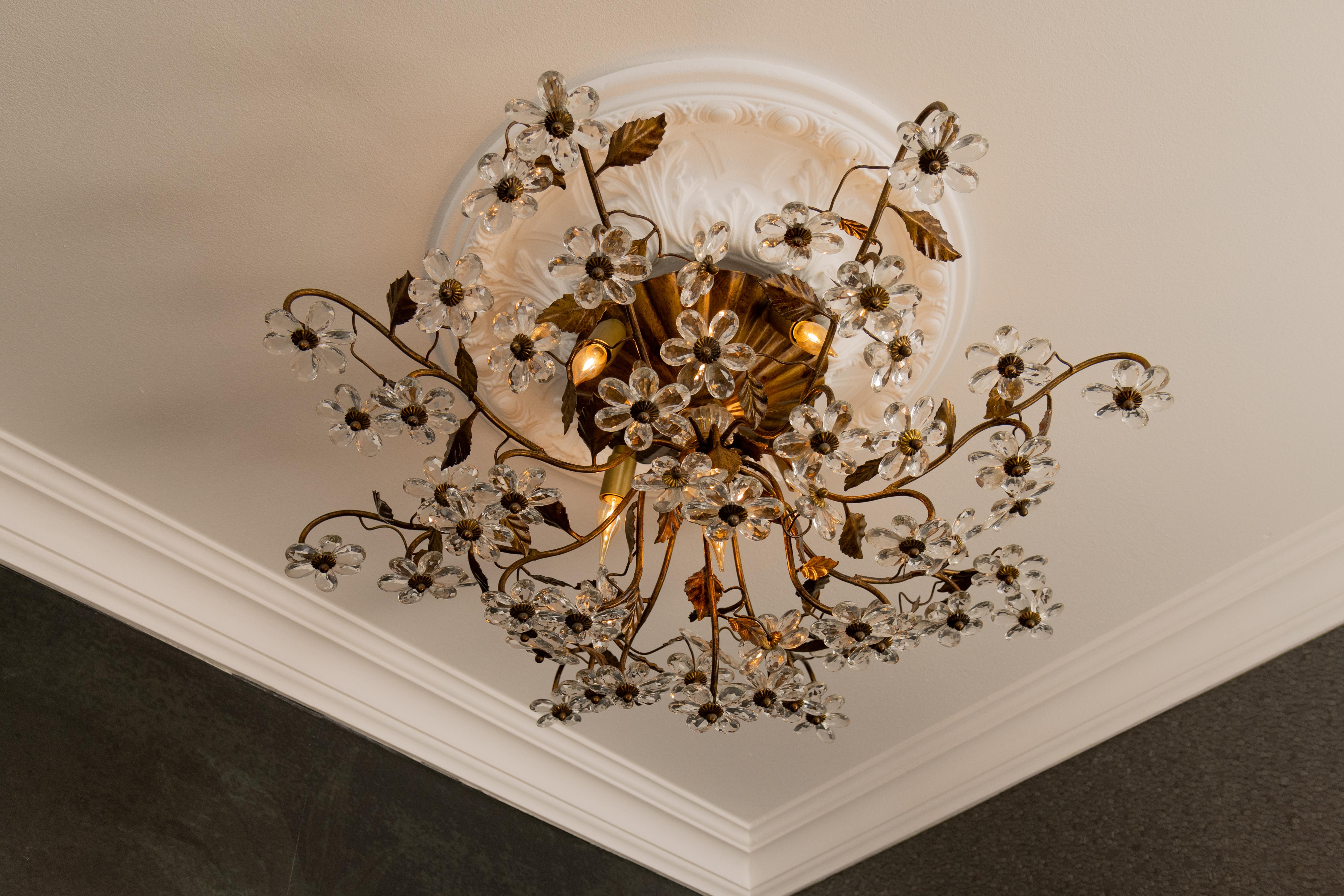 Metal Large Italian Hollywood Regency Crystal Glass Flower Ceiling Light, 1950s For Sale