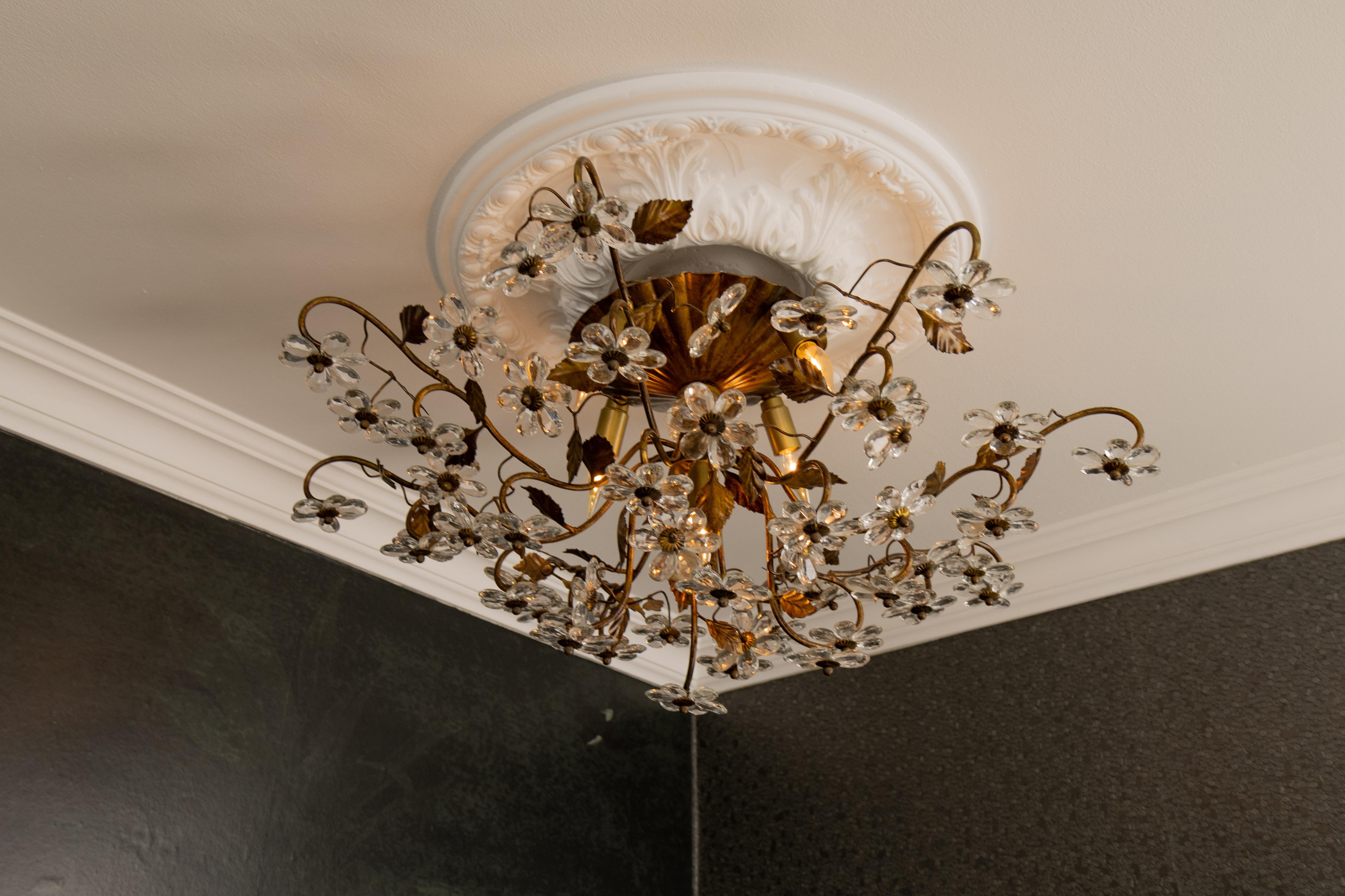 Large Italian Hollywood Regency Crystal Glass Flower Ceiling Light, 1950s For Sale 1