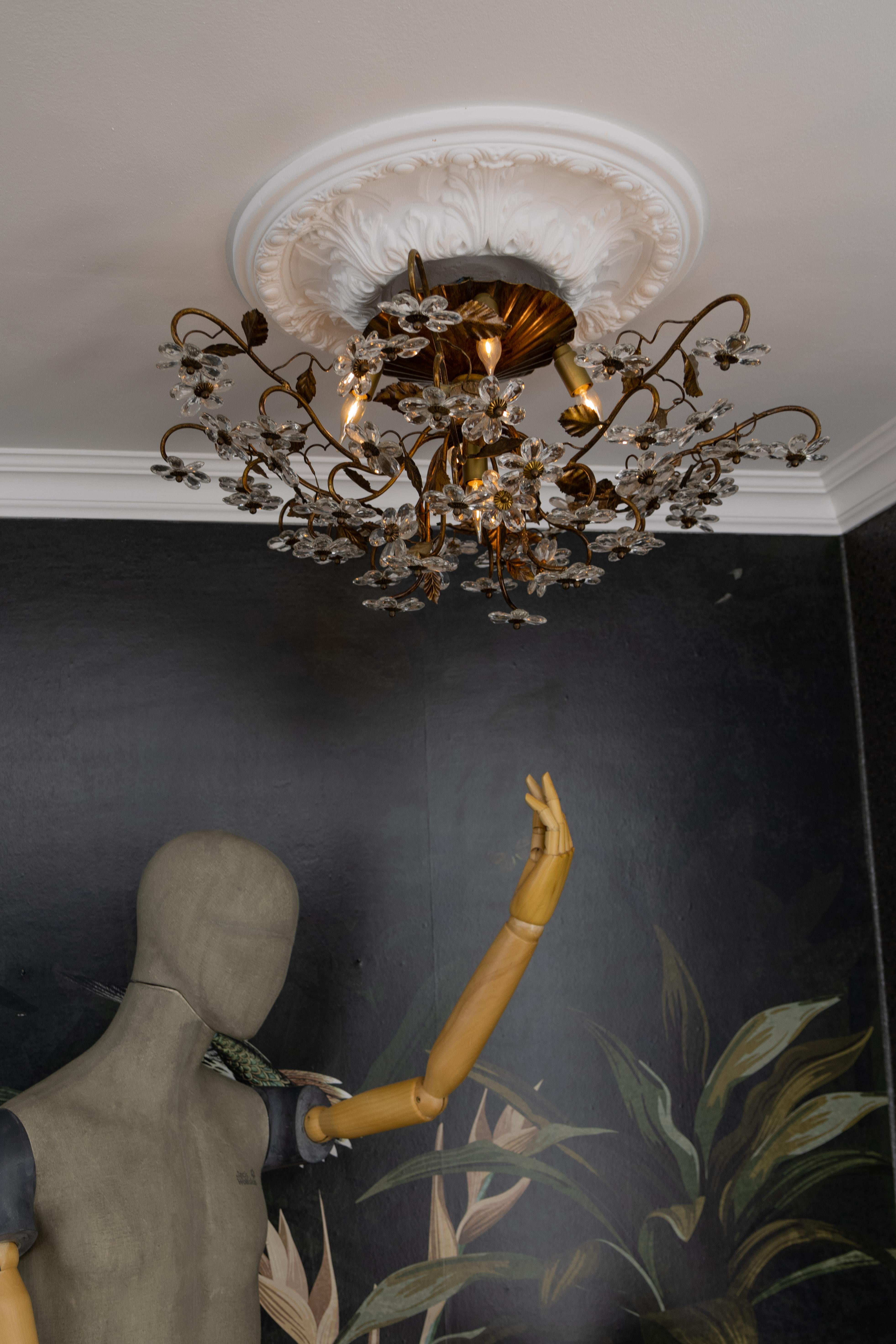 Large Italian Hollywood Regency Crystal Glass Flower Ceiling Light, 1950s For Sale 3