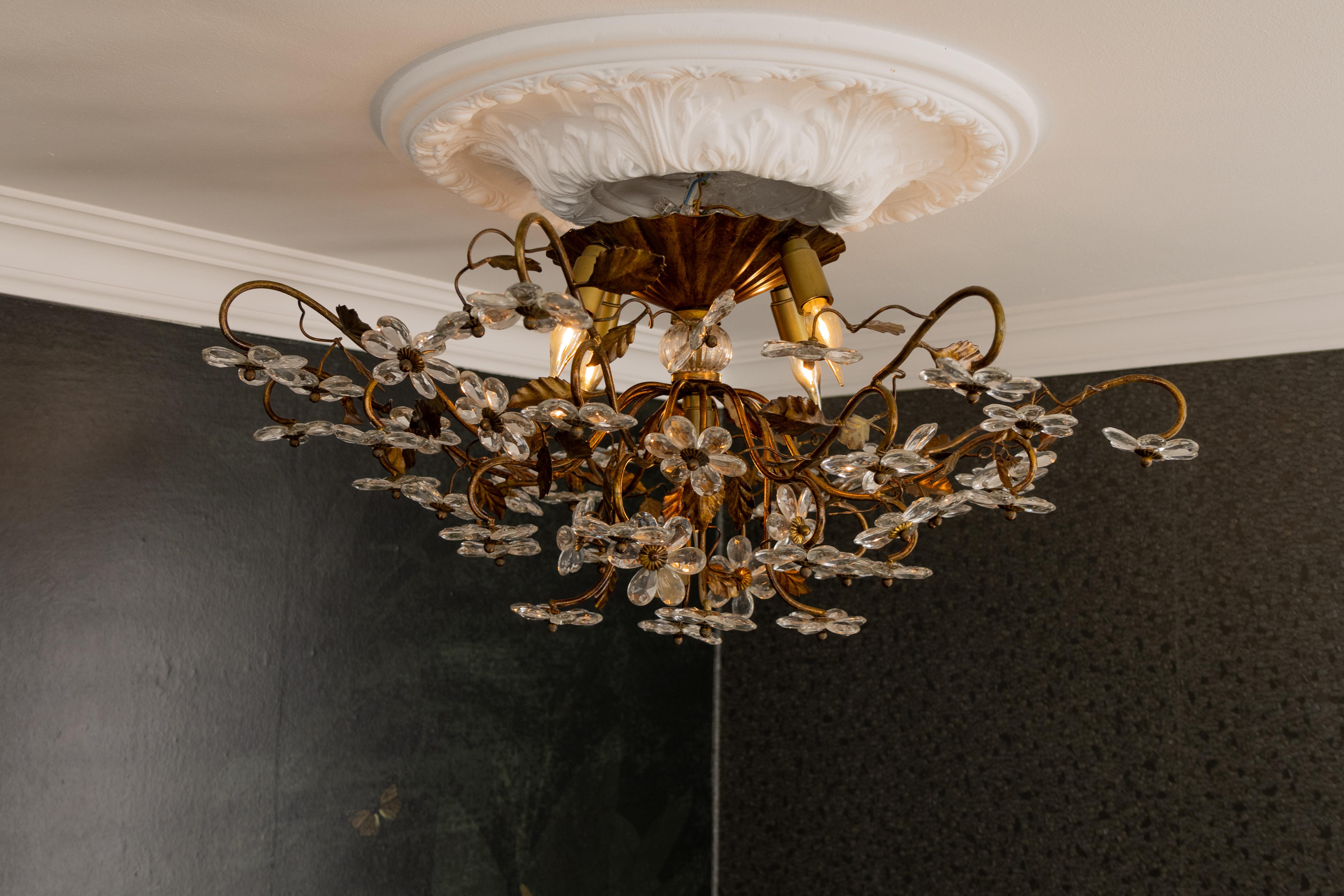 Large Italian Hollywood Regency Crystal Glass Flower Ceiling Light, 1950s For Sale 4