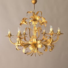 Large Italian Hollywood Regency Gilt Lily Chandelier, 1970s