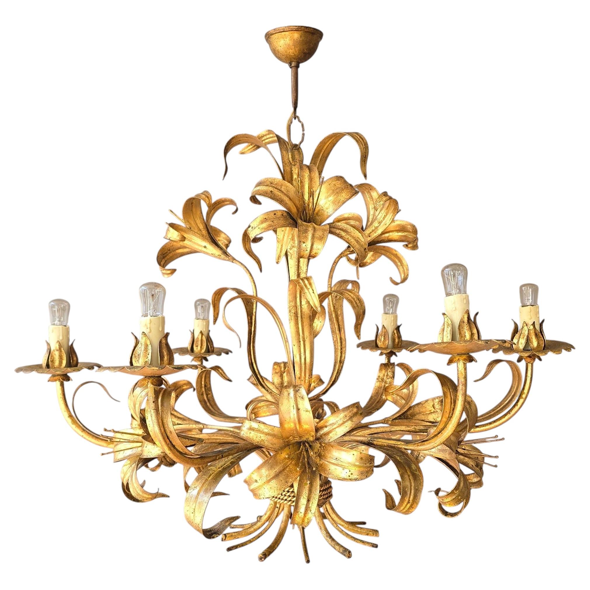 Large Italian Hollywood Regency Gilt Lily Chandelier, 1970s