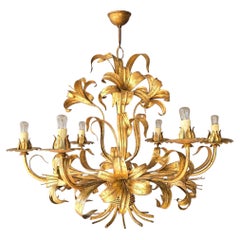 Large Italian Hollywood Regency Gilt Lily Chandelier, 1970s