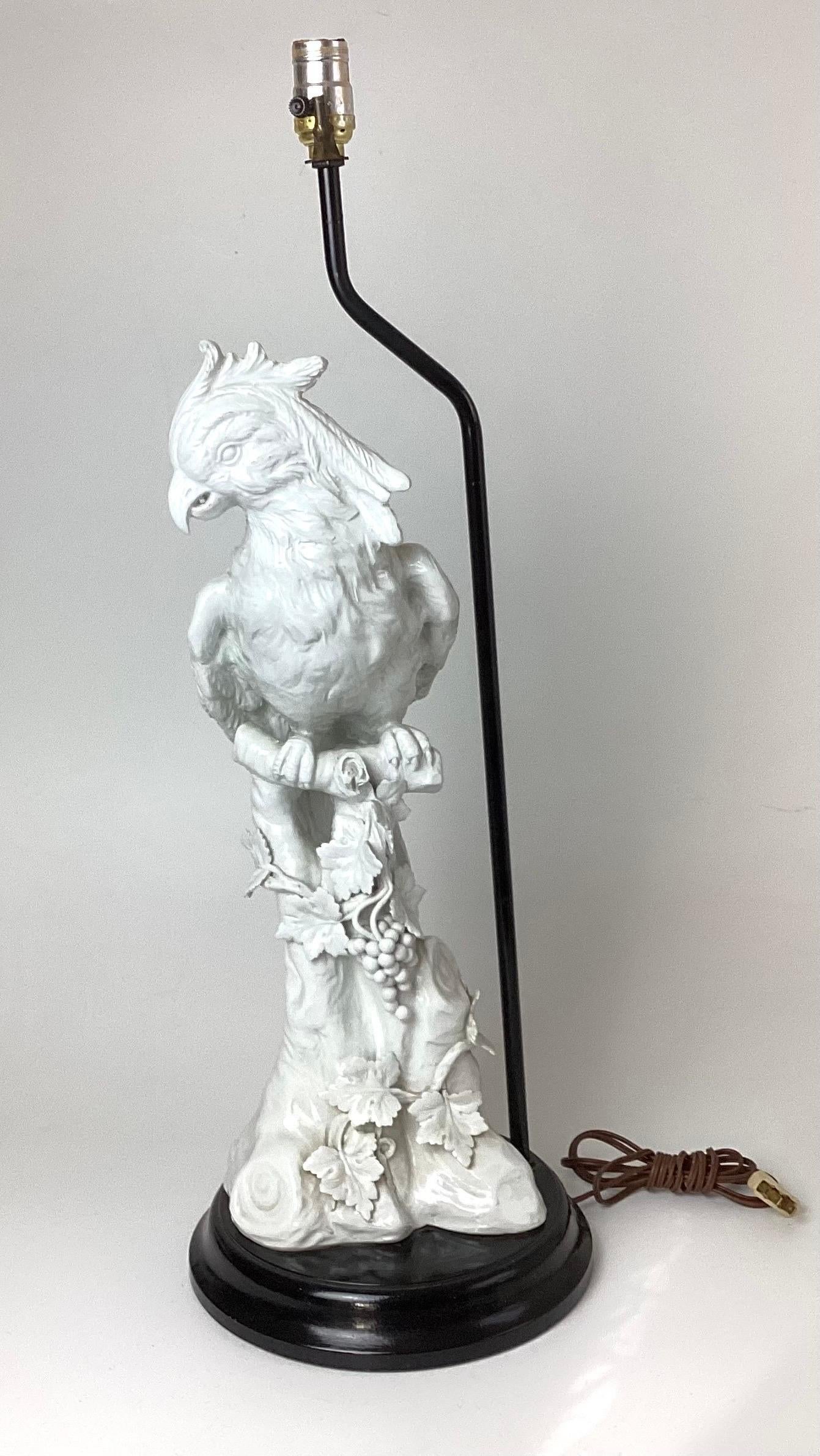 Large Italian Hollywood Regency Italian pottery parrot table lamp. Stands 30.25