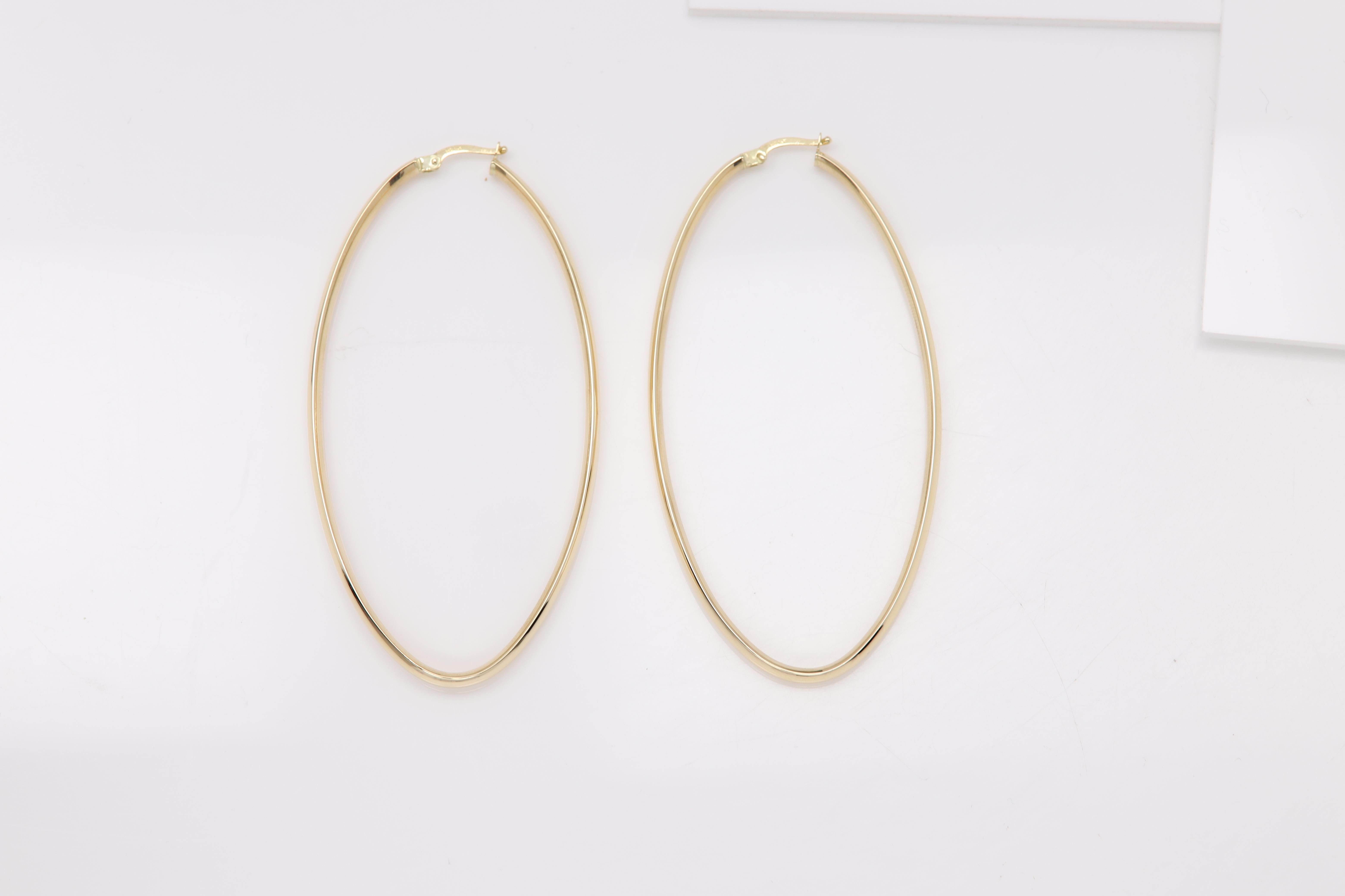 Women's Large Italian Hoops Large Oval Shape Earrings 14 Karat Gold 3' x 1.5' inch