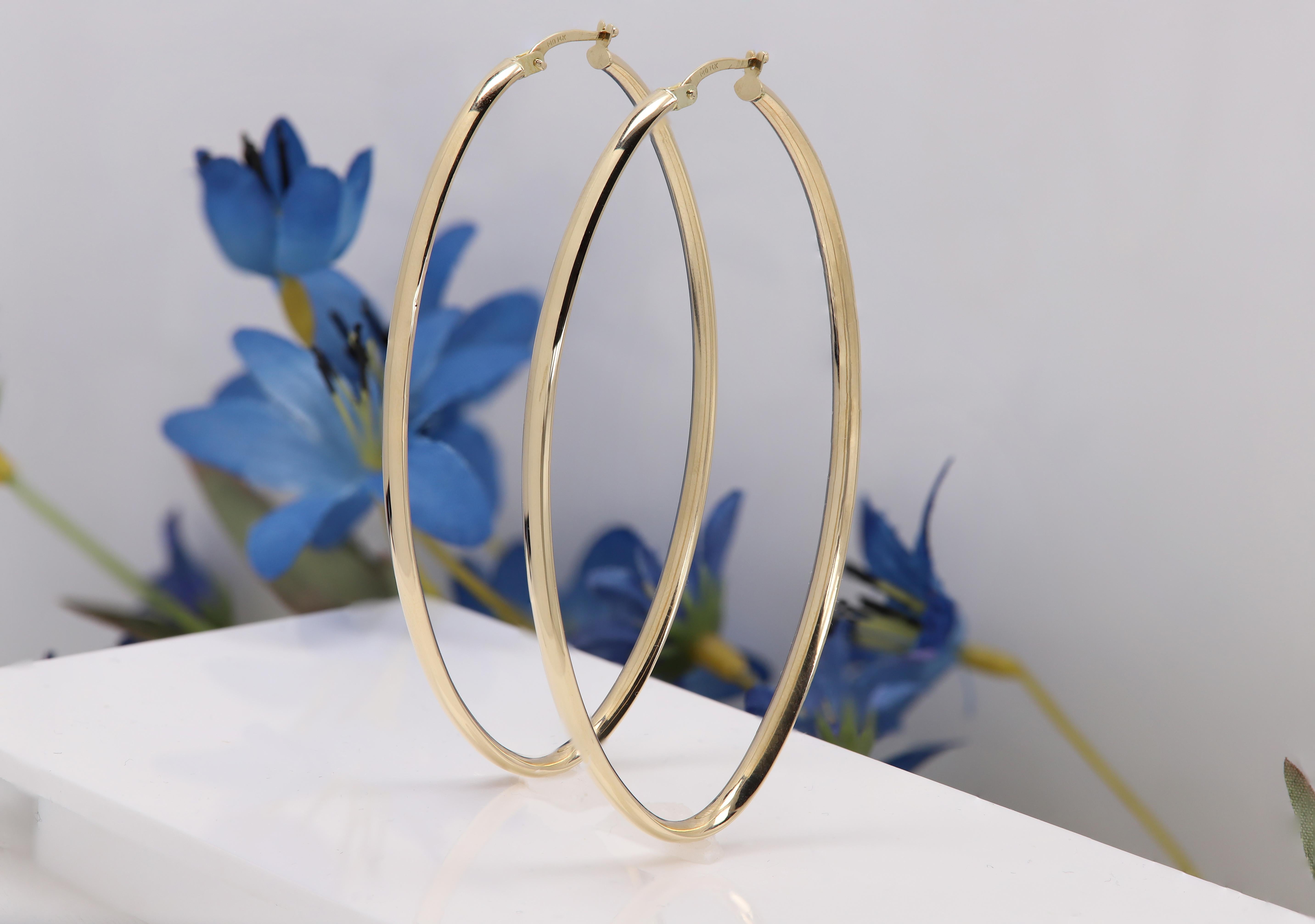 Large Italian Hoops Large Oval Shape Earrings 14 Karat Gold 3' x 1.5' inch 1
