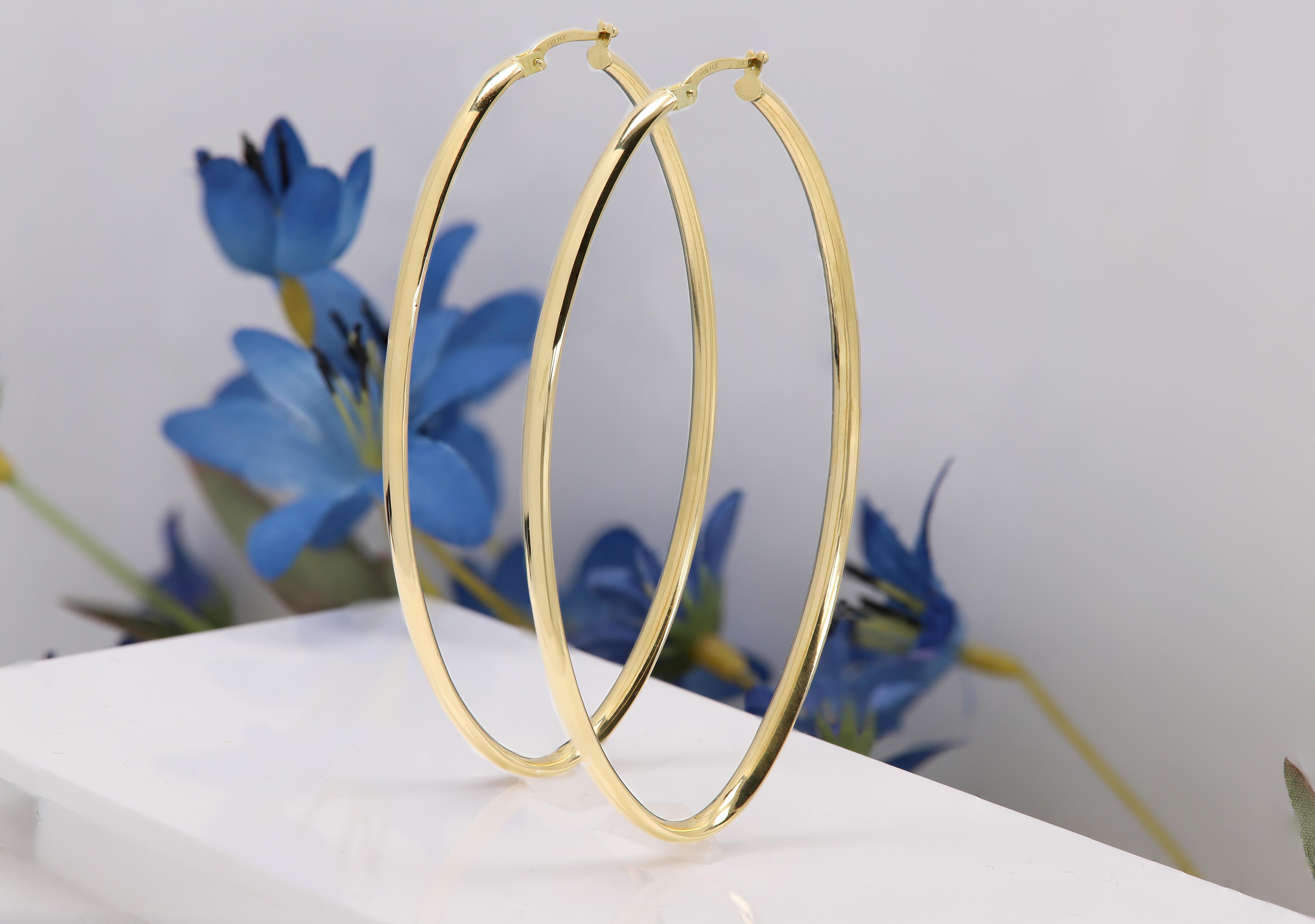 Large Italian Hoops Large Oval Shape Earrings 14 Karat Gold 3' x 1.5' inch 2