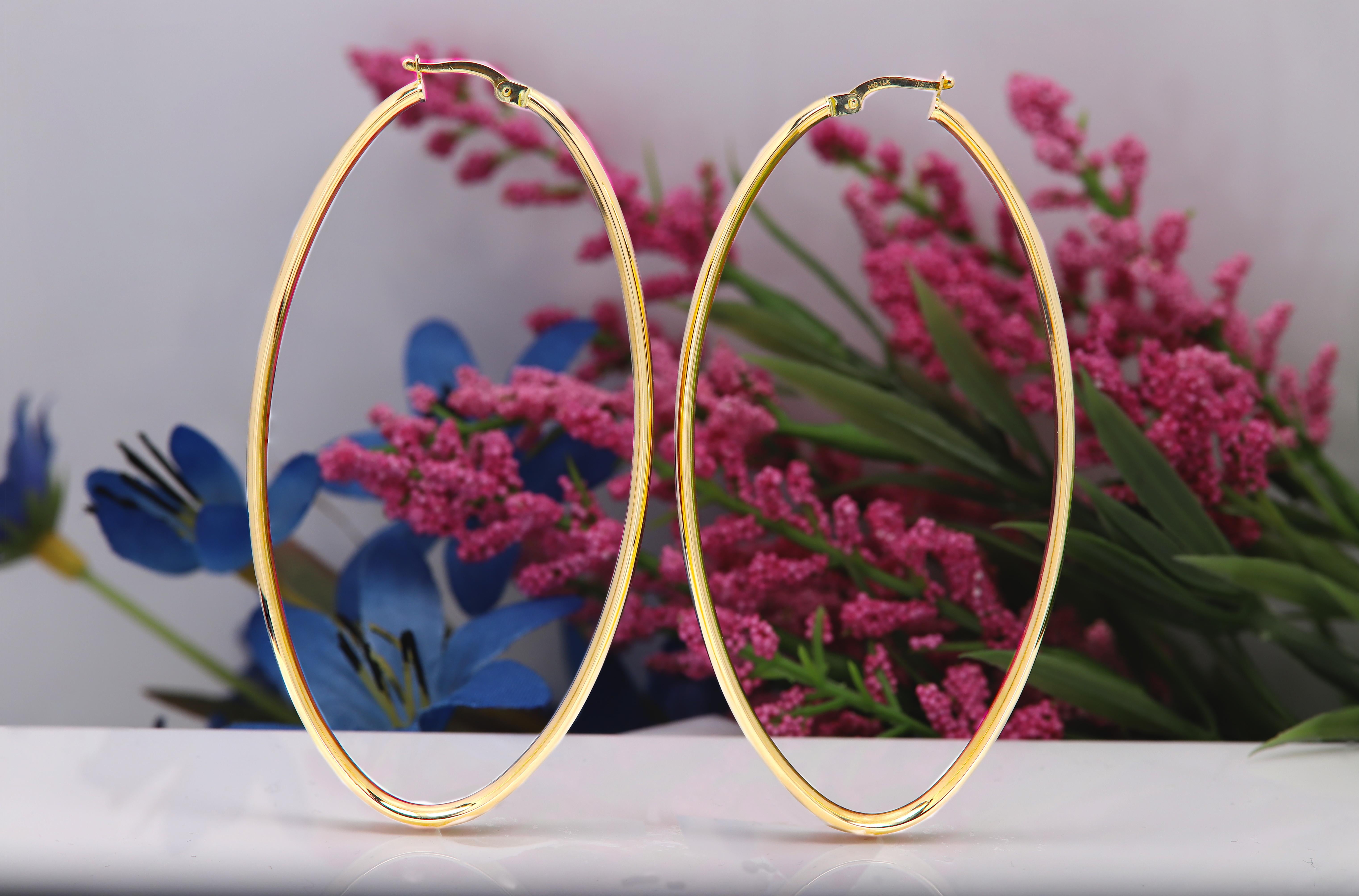 Large Italian Hoops Large Oval Shape Earrings 14 Karat Gold 3' x 1.5' inch 3