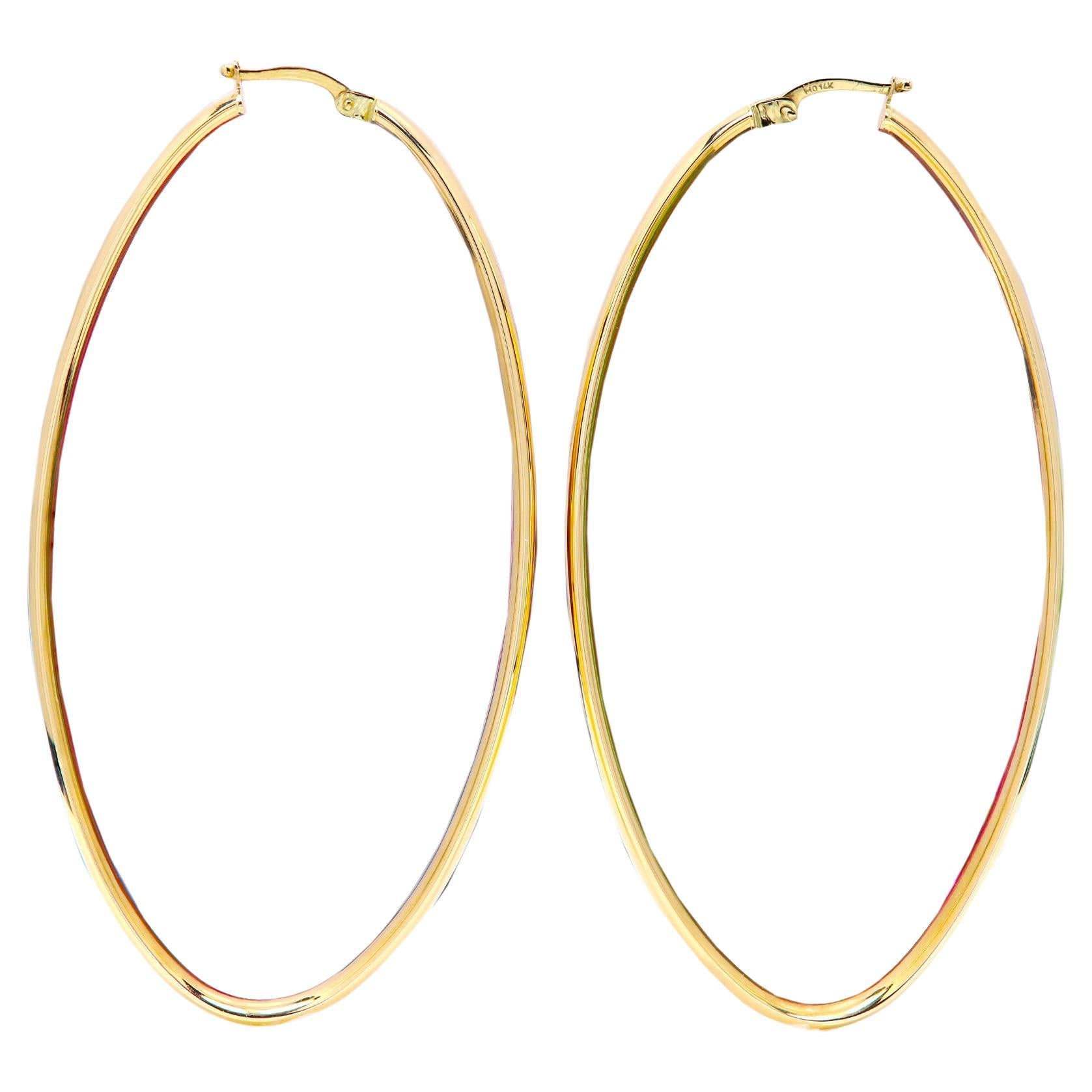 Large Italian Hoops Large Oval Shape Earrings 14 Karat Gold 3' x 1.5' inch