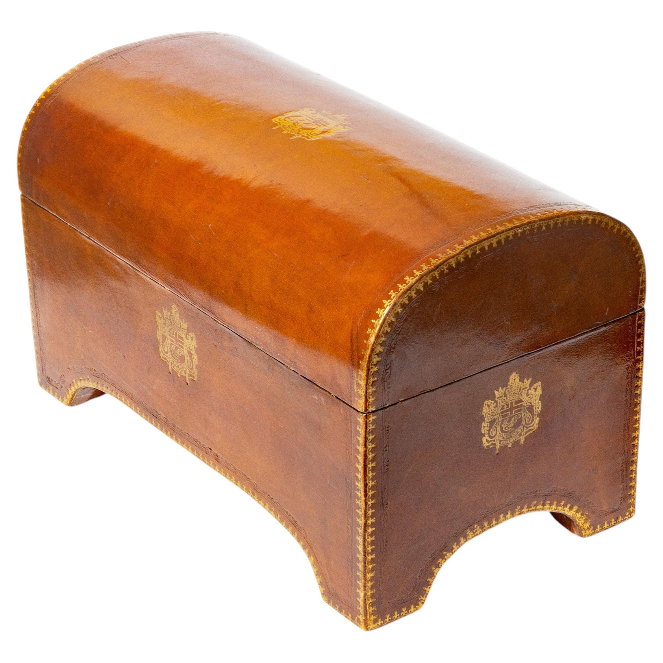 Large Italian Leather Armorial Domed Top Box For Sale