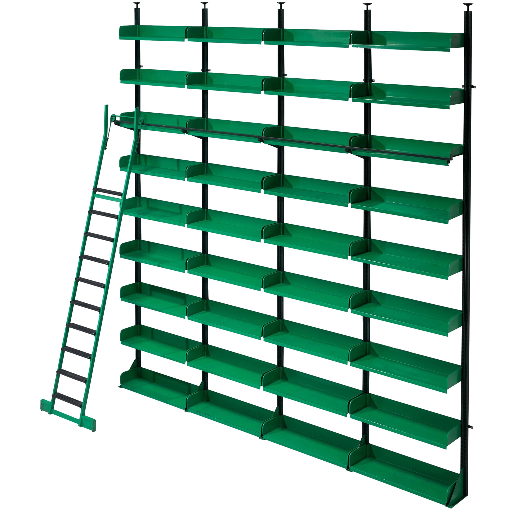 Large Italian Library with Integrated Staircase in Green Lacquered Steel
