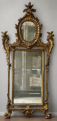 Large Italian Louis XV Giltwood Mirror, Hand-Carved Floral Design