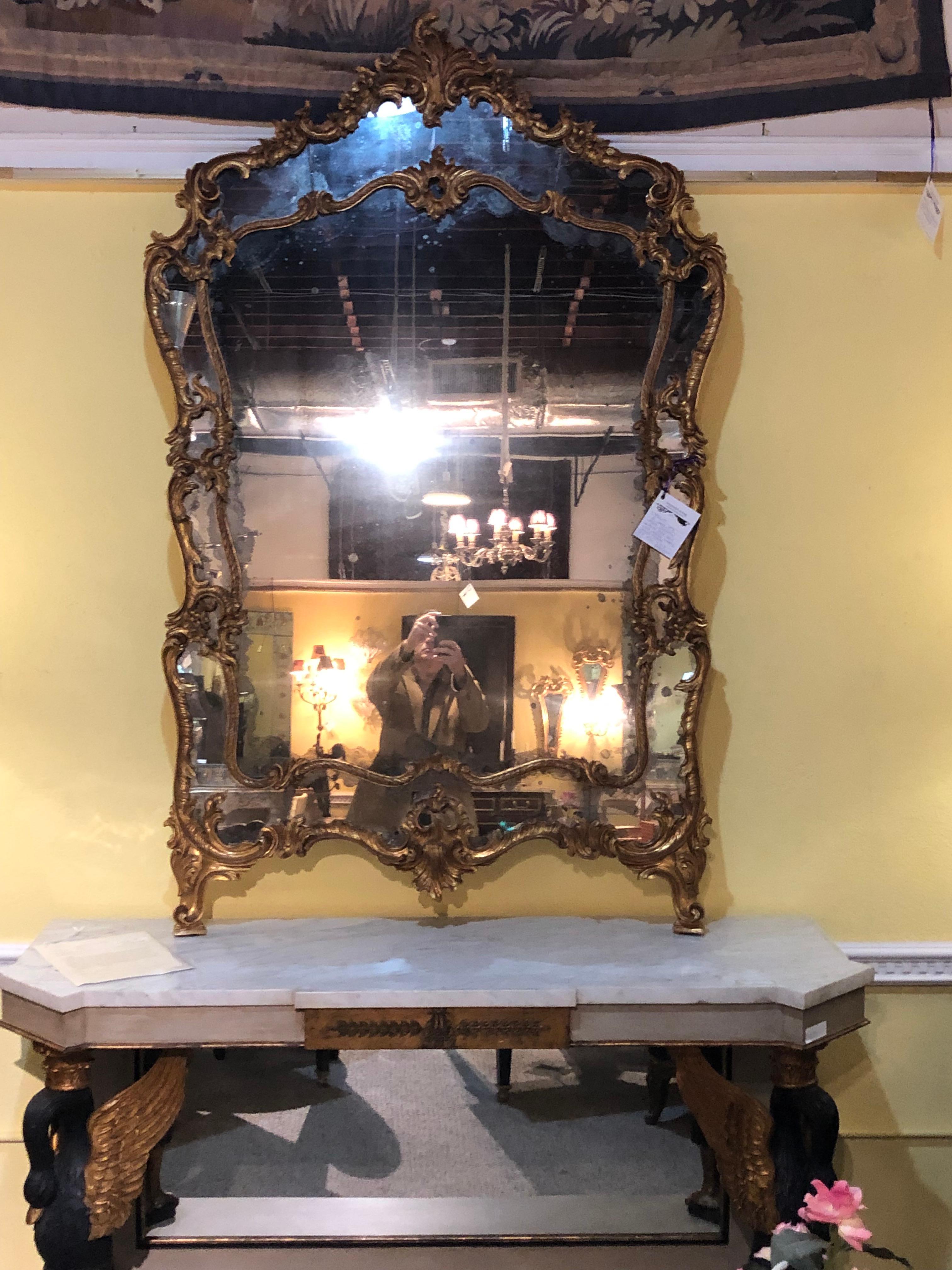Early 20th Century Large Italian Louis XV Style Giltwood Wall Console or Floor Mirror