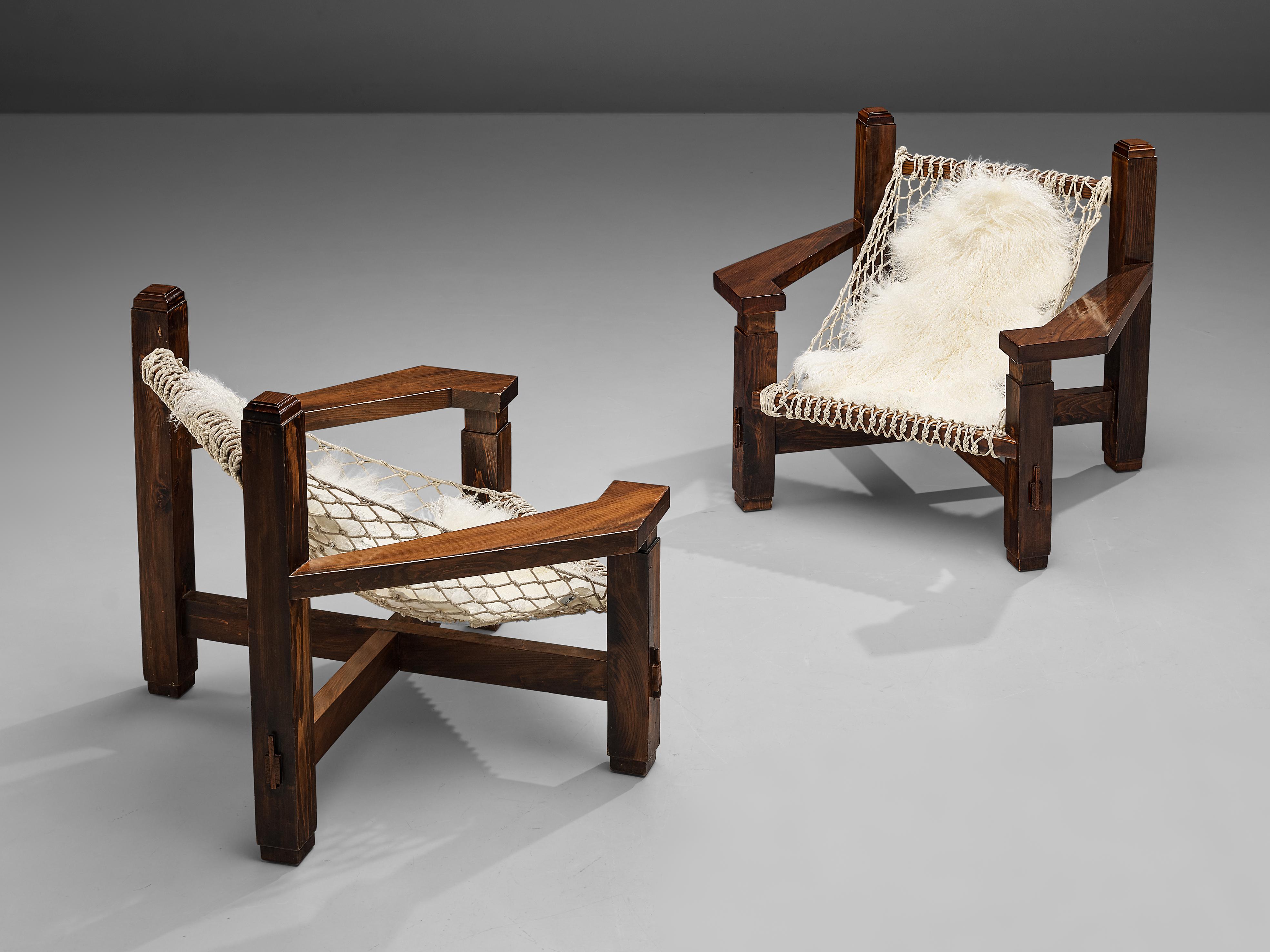 Large Italian Lounge Chair in Stained Pine and Rope Seating For Sale 11
