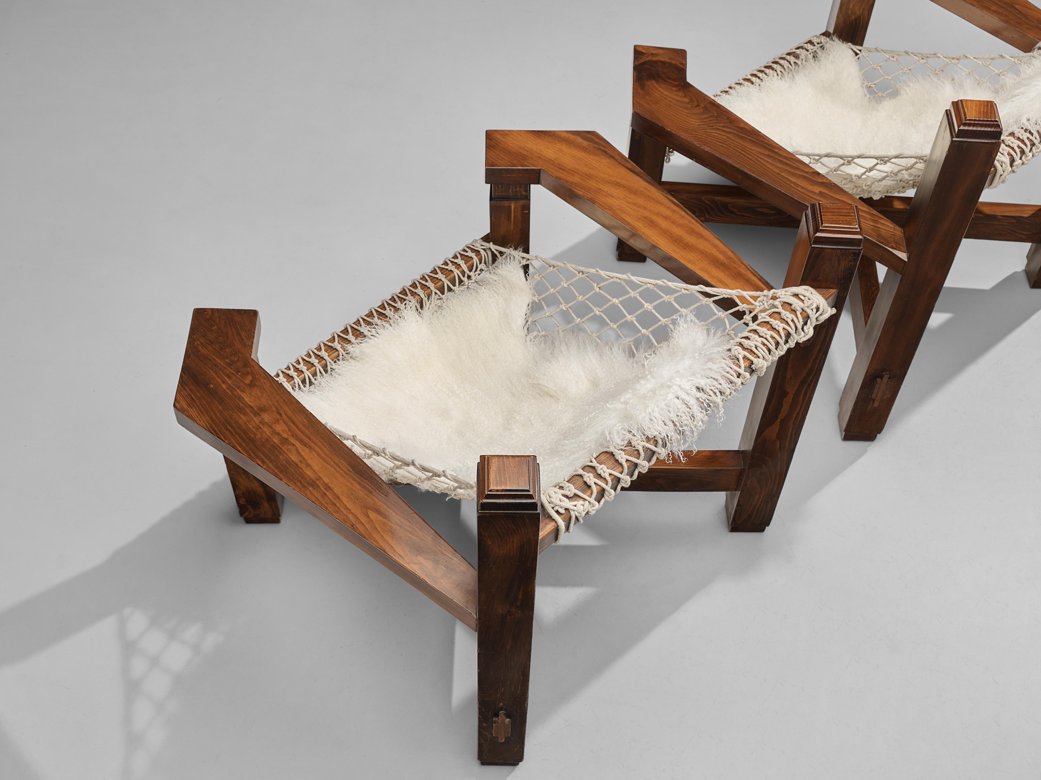Corde Grande chaise longue italienne en pin teinté et assise en corde en vente
