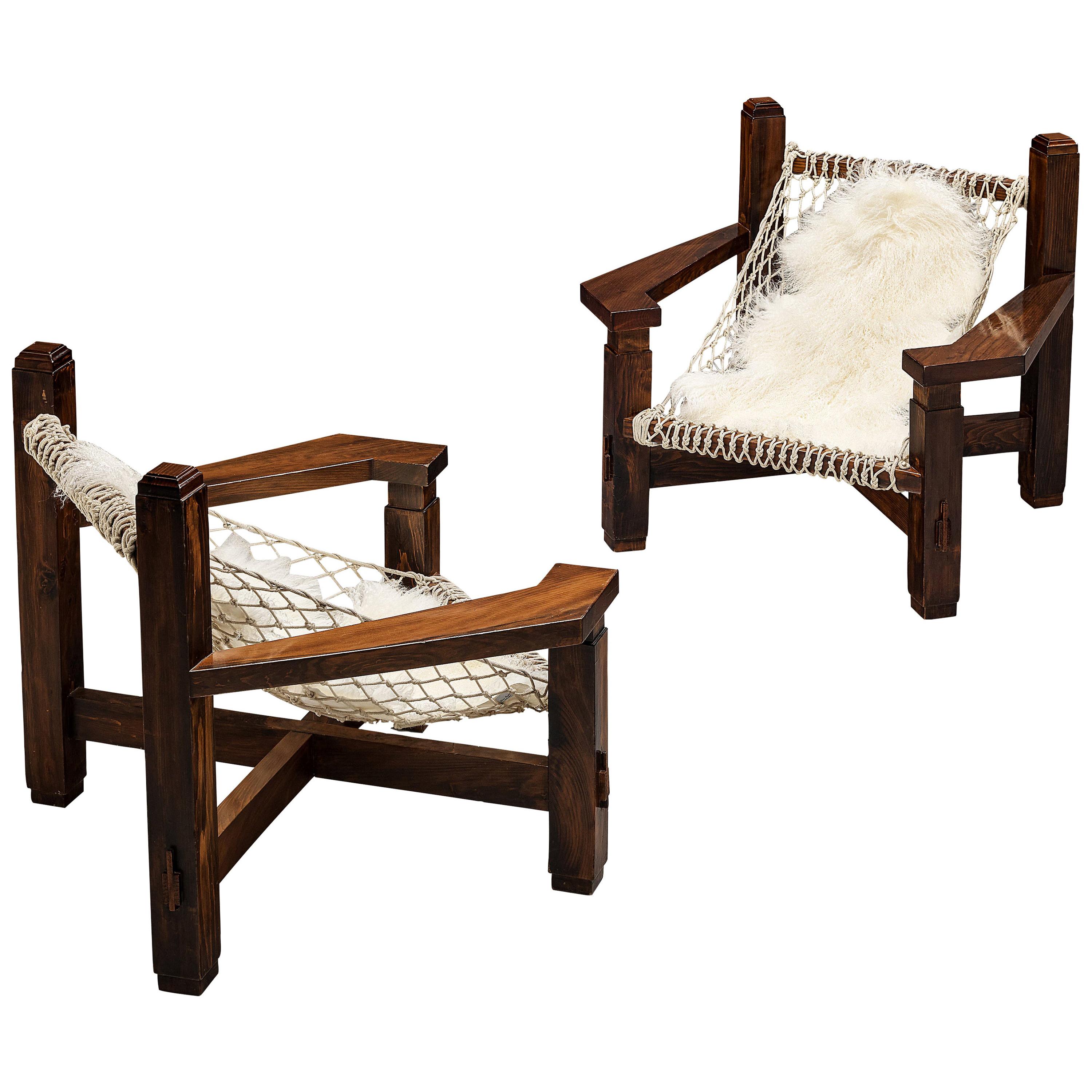 Large Italian Lounge Chair in Stained Pine and Rope Seating For Sale