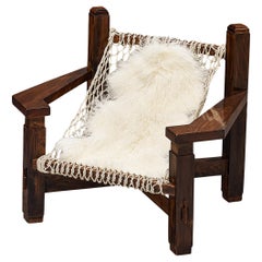 Large Italian Lounge Chair in Stained Pine and Rope Seating 