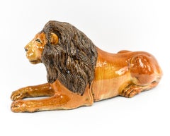 Large Italian Majolica Pottery Recumbent Lion Sculpture
