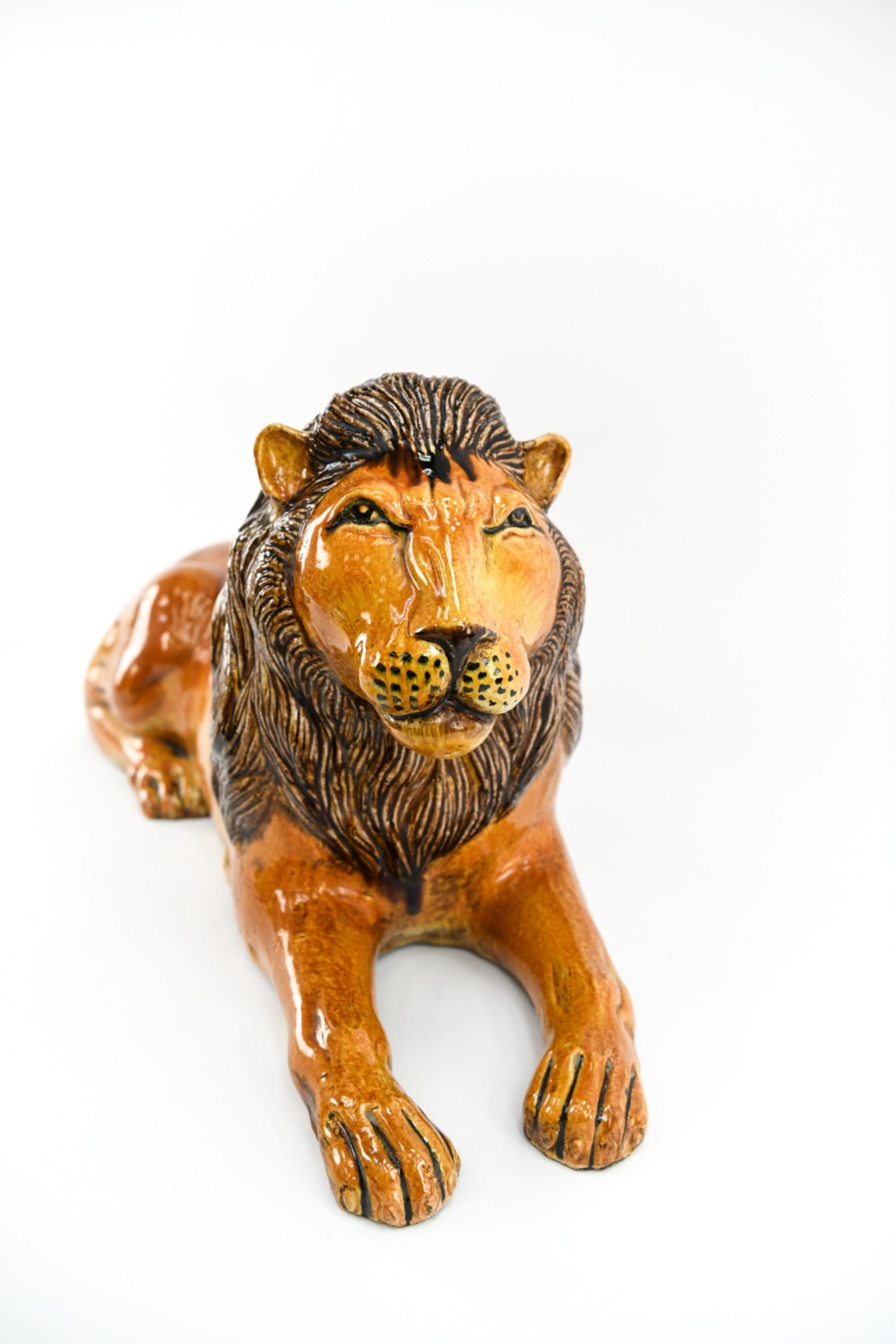 Ceramic Large Italian Majolica Pottery Recumbent Lion Sculpture For Sale